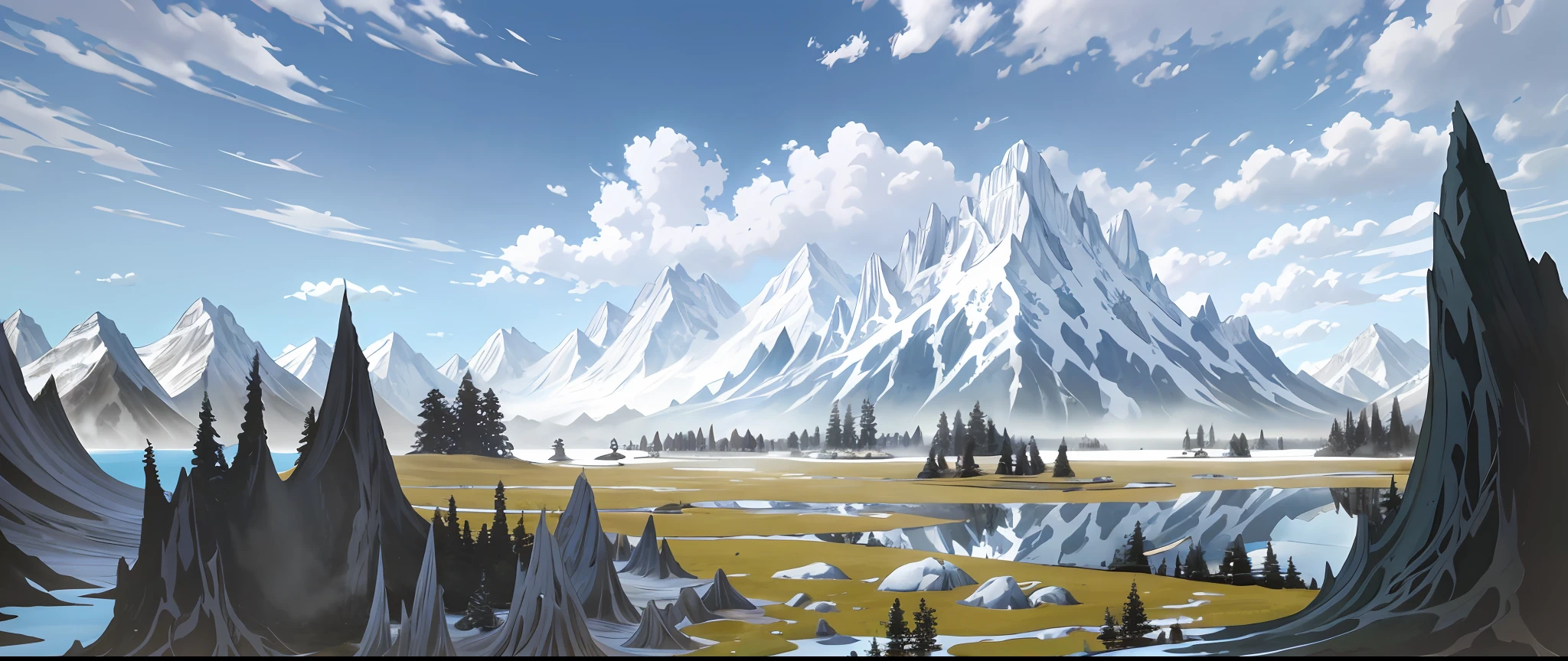 The land in front of it is all lakes, reflecting the appearance of snow-capped mountains, and there is an island in the center of the lake, surrounded by mist, and the sky is not so cloudy