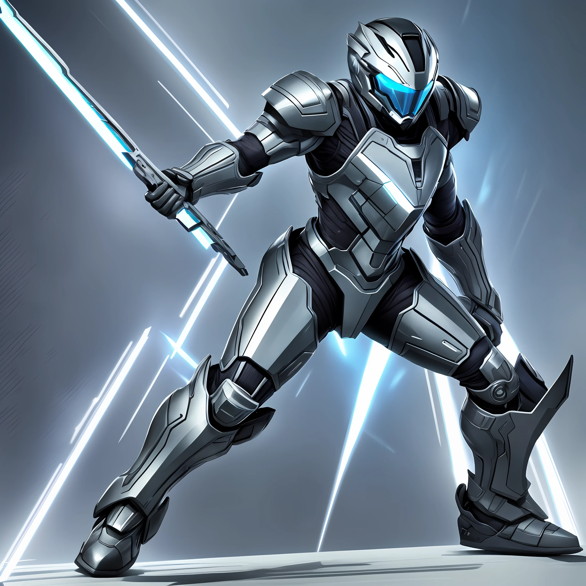 Full body man character in action, with futuristic exoskeleton armor with angular lines.
Details in metallic colors on the armor.
Helmet with integrated visor and breathing system.