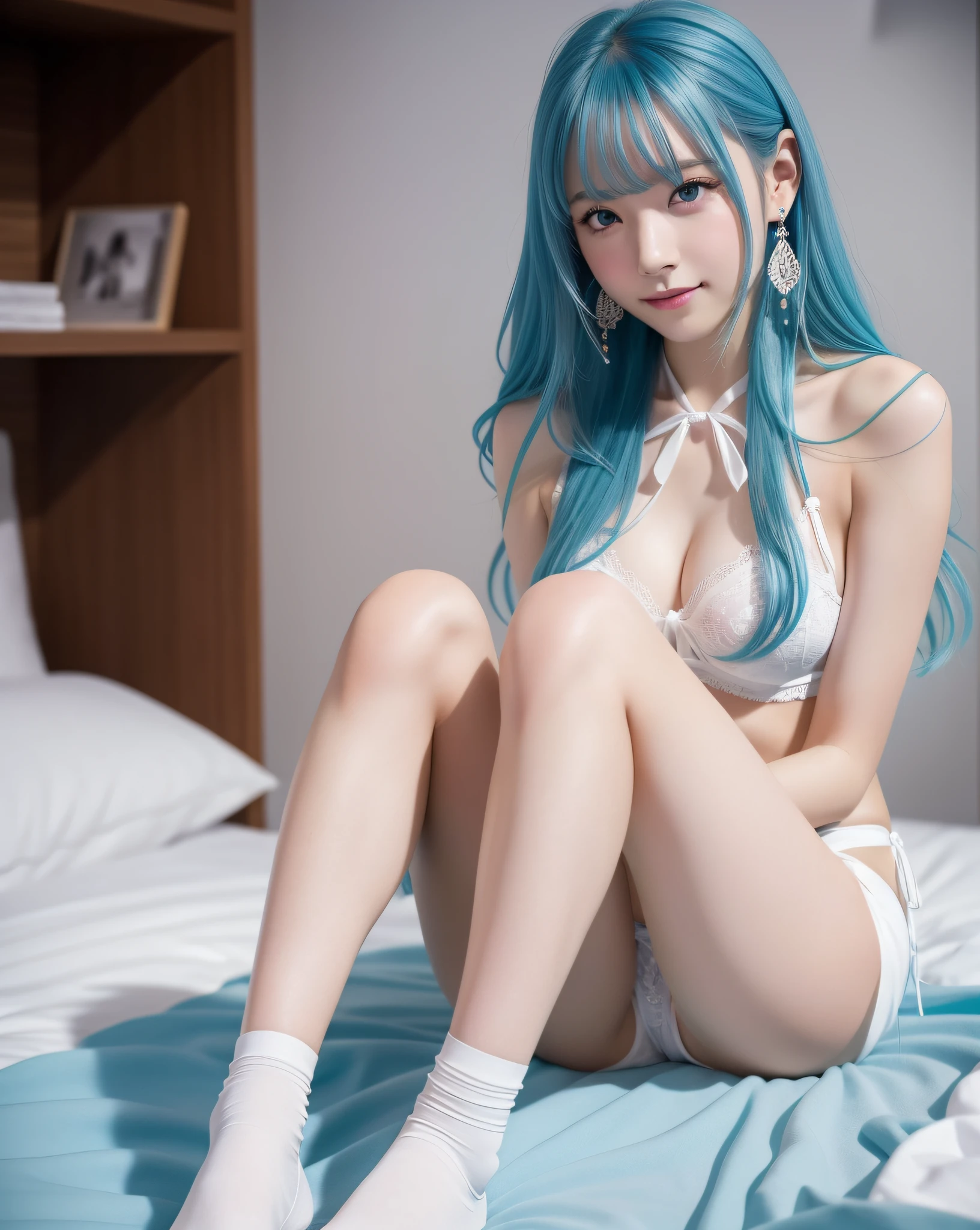 Best image quality, ultra high resolution, (real photo: 1.4), Japan person, 18 years old, sky blue hair, long hair, blue eyes, (thin body), smile, cute, small breasts, sitting, bending both knees, holding both knees with hands, thin legs, short white socks, light makeup, black string tie, sky blue dress, white lingerie visible under the dress, white panties, front view, short skirt, princess line, Stage, small teardrop earrings, on bed, five fingers, two legs