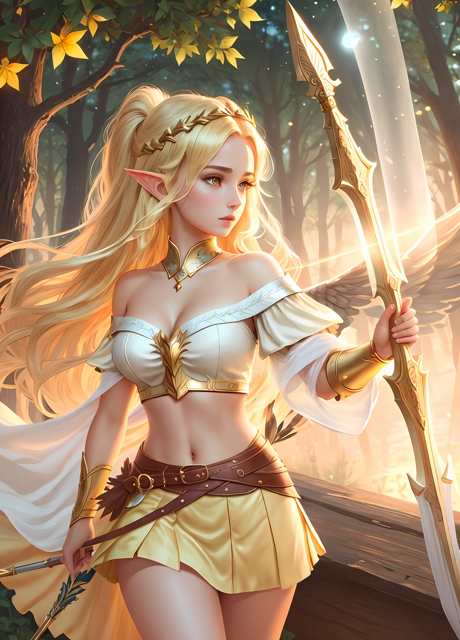 ((Night view, realistic light, best quality, 8k, masterpiece: 1.3)), 1girl, beautiful woman with slender figure: 1.4, (blonde hair, medium breasts: 1.3), (ultra-short skirt: 1.3), (background is large forest: 1.3), (back transparent wings: 1.4), (holding a longbow: 1.3), off-the-shoulder cropped top: 1.3, ultra-detailed face, detailed eyes, double eyelids, super-boutique, masterpiece, blonde hair, golden eyes, multicolored wings, miniskirt, Long legs, big breasts, tulle top, looking up, upper body, hair, fair skin, side braids, ultra-clear, sexy, elf, bow and arrow, fly in the air, game illustration, elf princess, archetype of Irene in Glory of Kings.