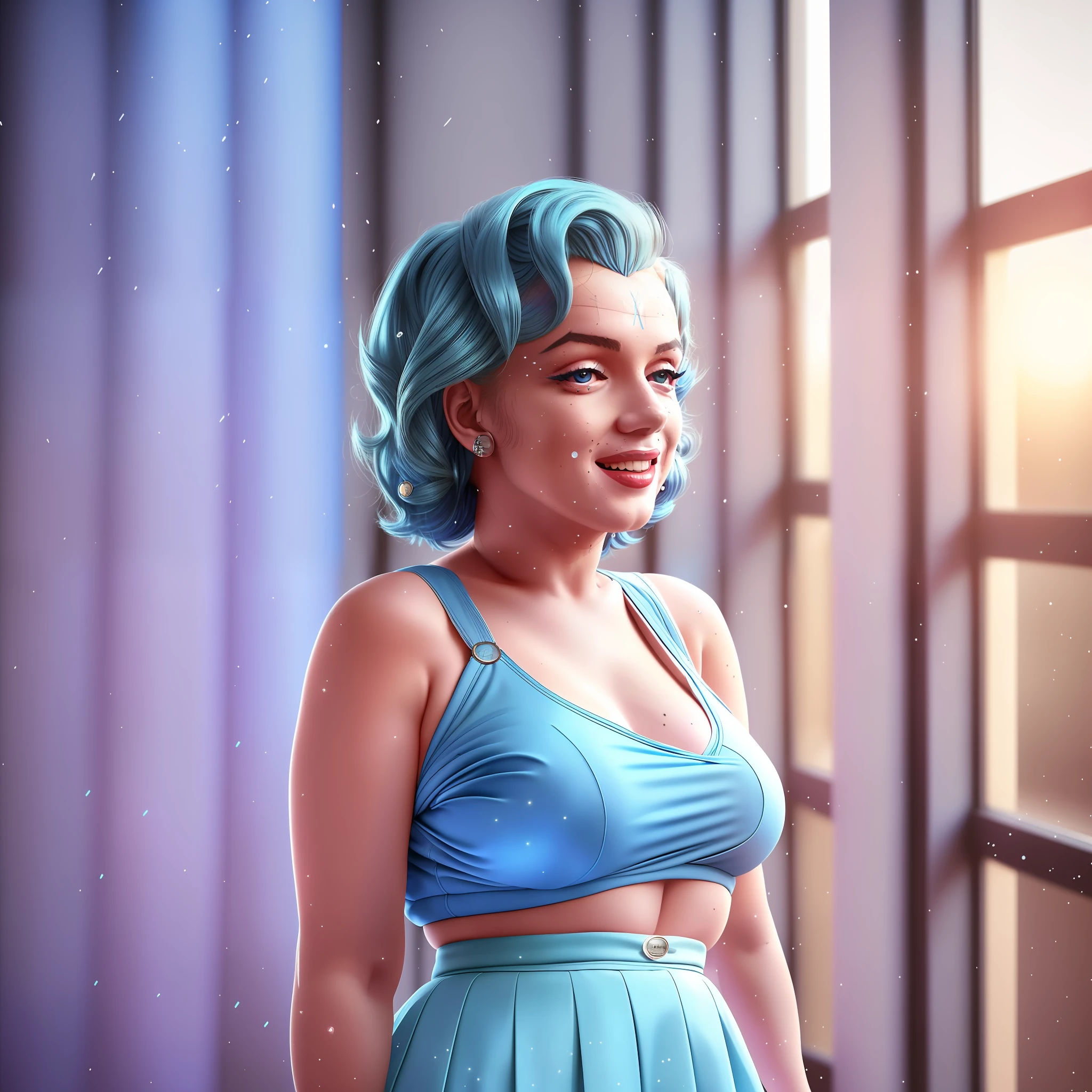 AGMM, 1girl, (Marilyn Monroe, blue hair, Colored_Skin:1.2), wearing wet school uniform, large breasts, reveal, covering, skirt, thighs. inside the building, classroom, sun rays, bokeh, sparkles, night, smile, sexy smile, --auto --s2