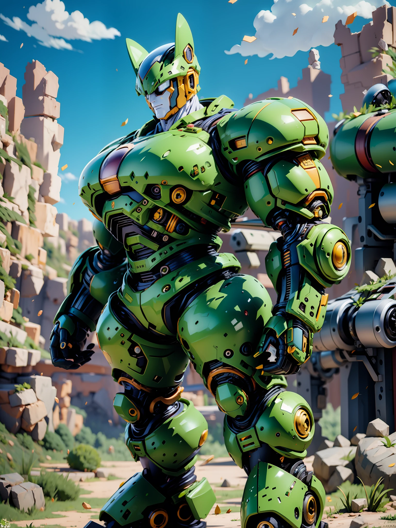 ((Masterpiece, best quality, high quality eyes, super detailed)), a green giant mech, perfect_cell