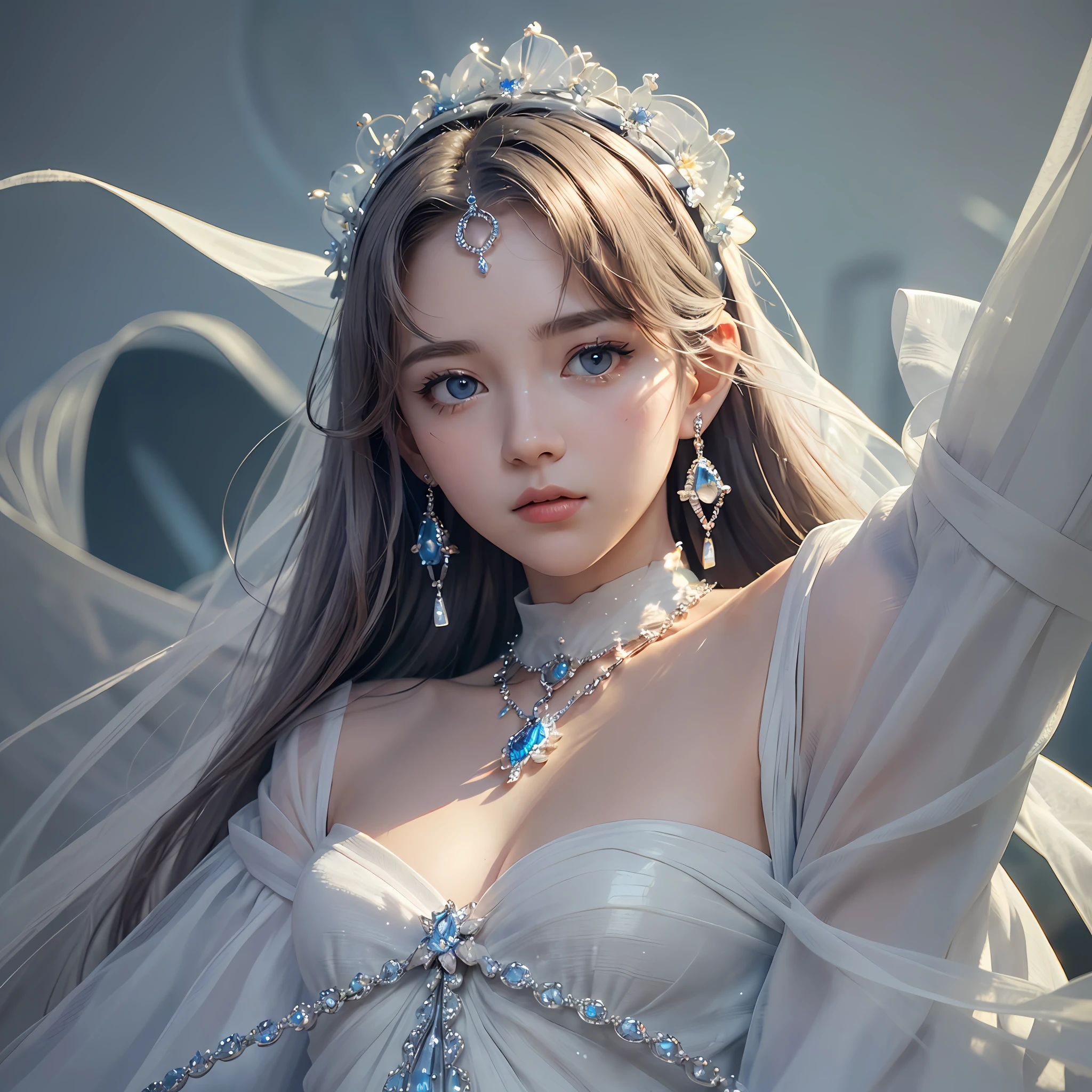 Masterpiece, Top Quality, Illustration, Sax Blue, Platinum Earrings, Platinum Necklace, White Dress, 1girl, Cute, (Dynamic Lighting:1.2), Cinematic Lighting, Delicate Facial Features, Detailed Eyes, Sharp Pupils, Realistic Pupils, Depth of Field, Bokeh, Sharp Focus, (Ultra Detail, Bloom, Glow:1.4), Many Small Jewels, (Colossal)))( Full body appearance))