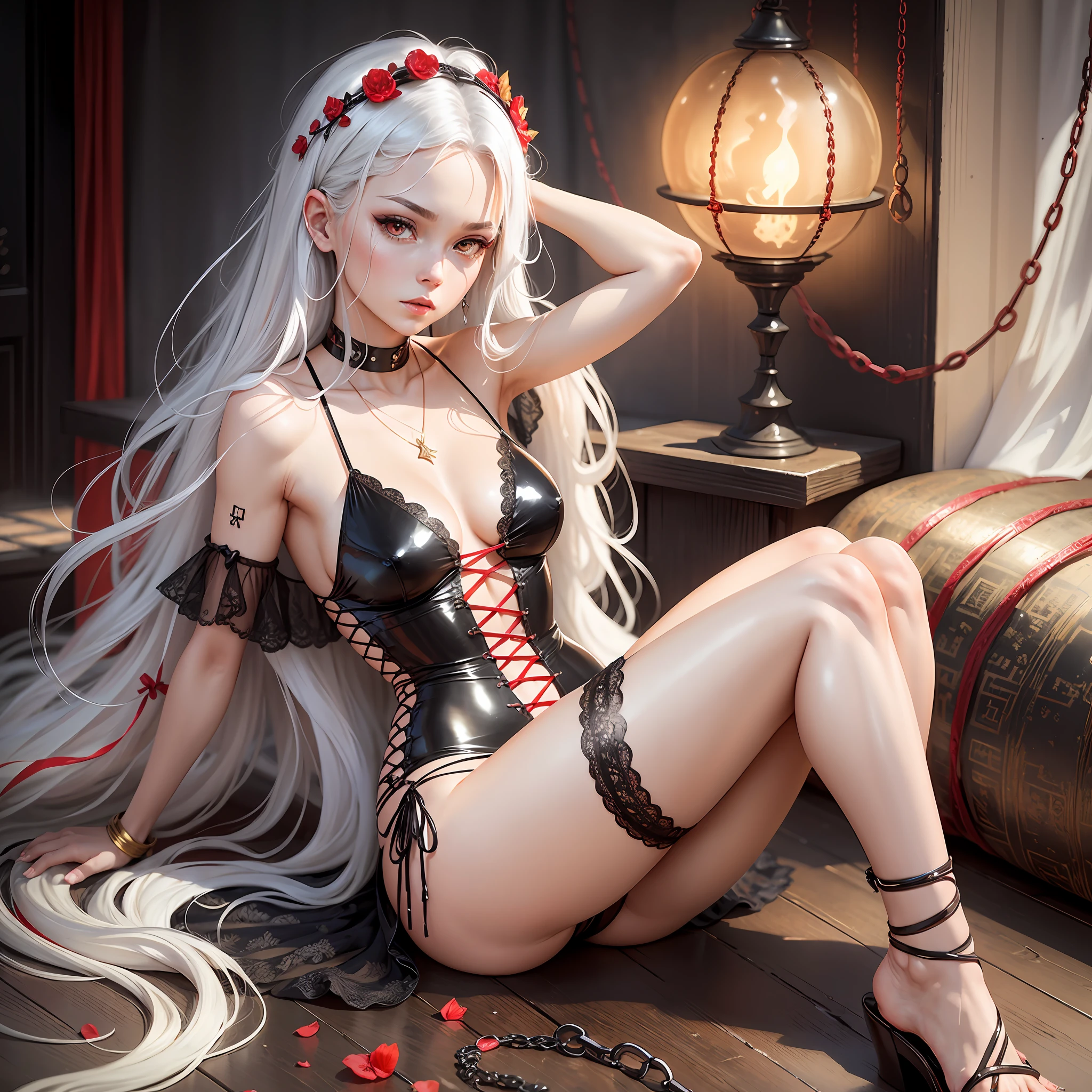 , red sexy swimsuit, silver-white hair, lace-up sandals, silver chain wrapped, golden eyes, overlook, shiny, black silk, excitement, --auto --s2