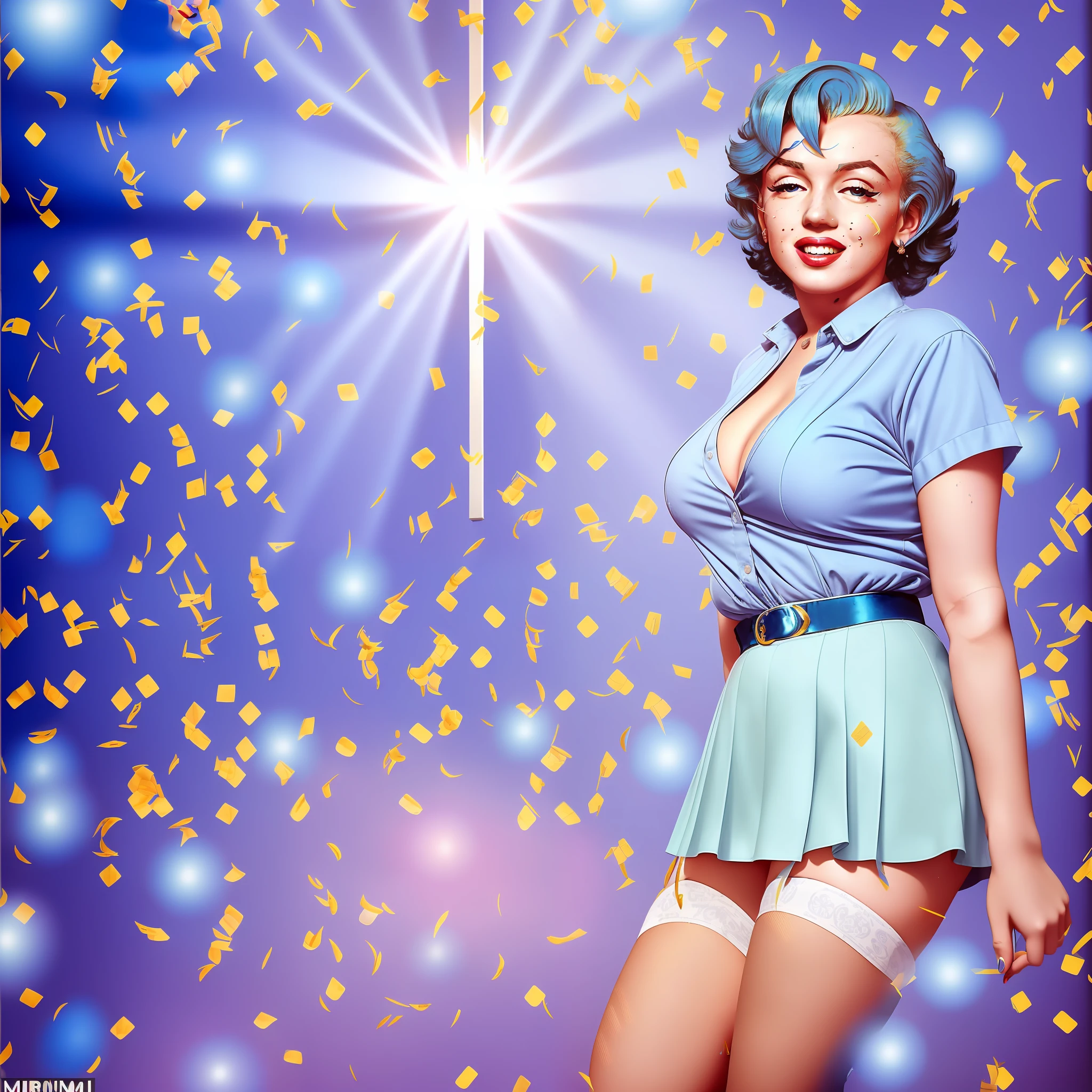 AGMM, 1girl, (Marilyn Monroe, blue hair, Colored_Skin:1.2), wearing wet school uniform, large breasts, reveal, covering, skirt, thighs. inside the building, classroom, sun rays, bokeh, sparkles, night, smile, sexy smile, --auto --s2