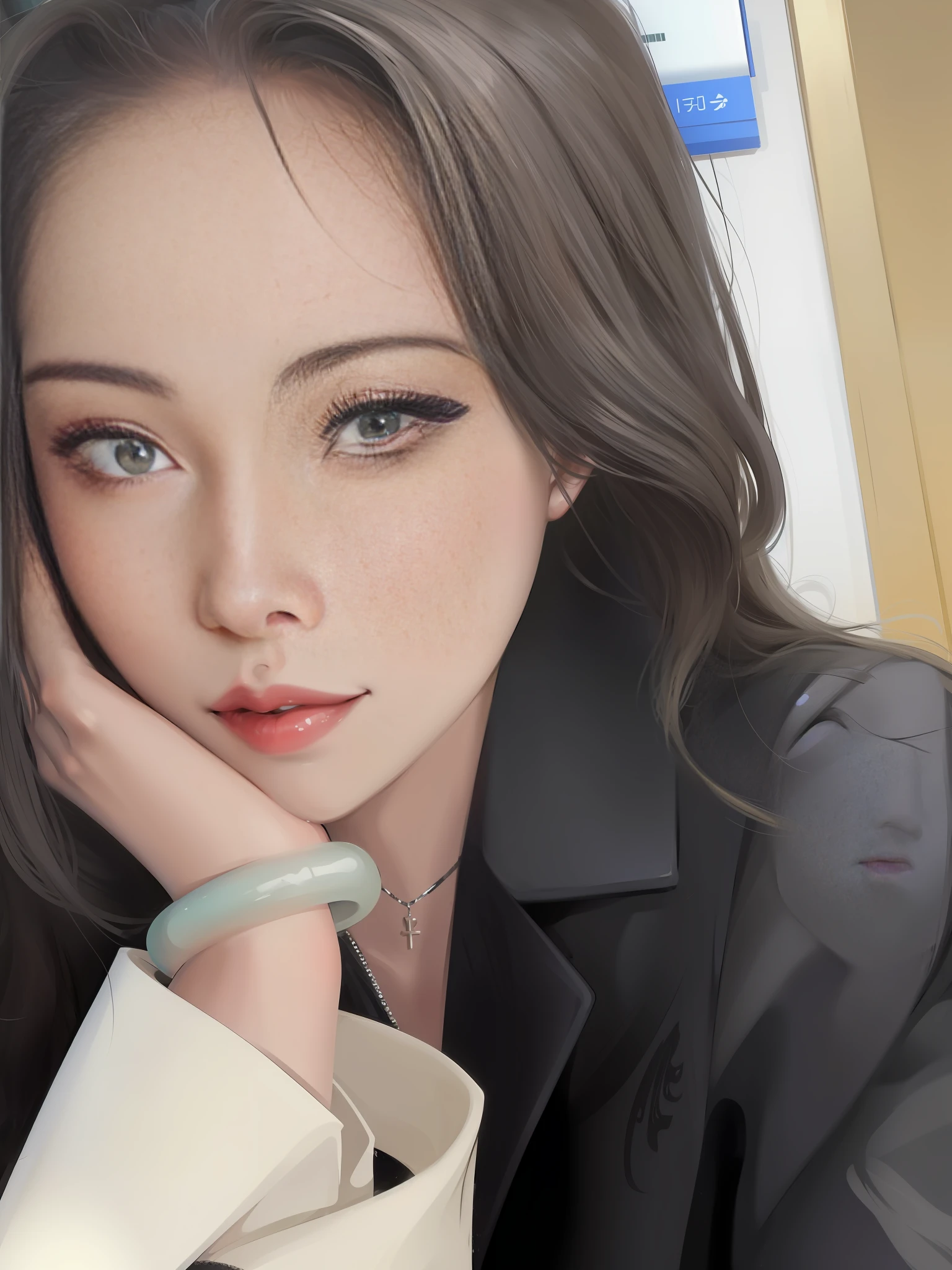 araffe woman with long black hair and a black jacket, ulzzang, 8k selfie photograph, heonhwa choe, dilraba dilmurat, sakimichan, 奈良美智, 8k)), jisoo from blackpink, lee ji-eun, lee ji - eun, with cute - fine - face