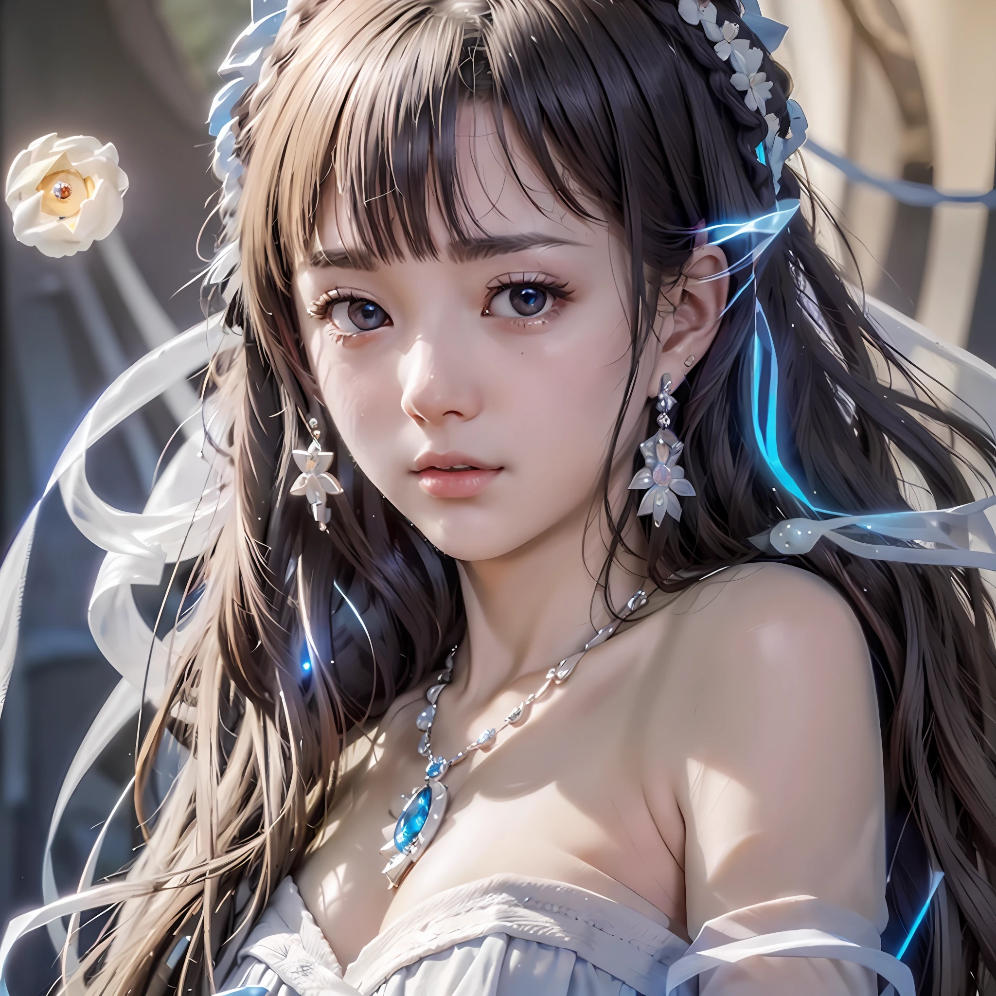 Masterpiece, Top Quality, Illustration, Sax Blue, Platinum Earrings, Platinum Necklace, White Dress, 1girl, Cute, (Dynamic Lighting:1.2), Cinematic Lighting, Delicate Facial Features, Detailed Eyes, Sharp Pupils, Realistic Pupils, Depth of Field, Bokeh, Sharp Focus, (Ultra Detail, Bloom, Glow:1.4), Many Small Jewels, (Colossal)))( Full body appearance))