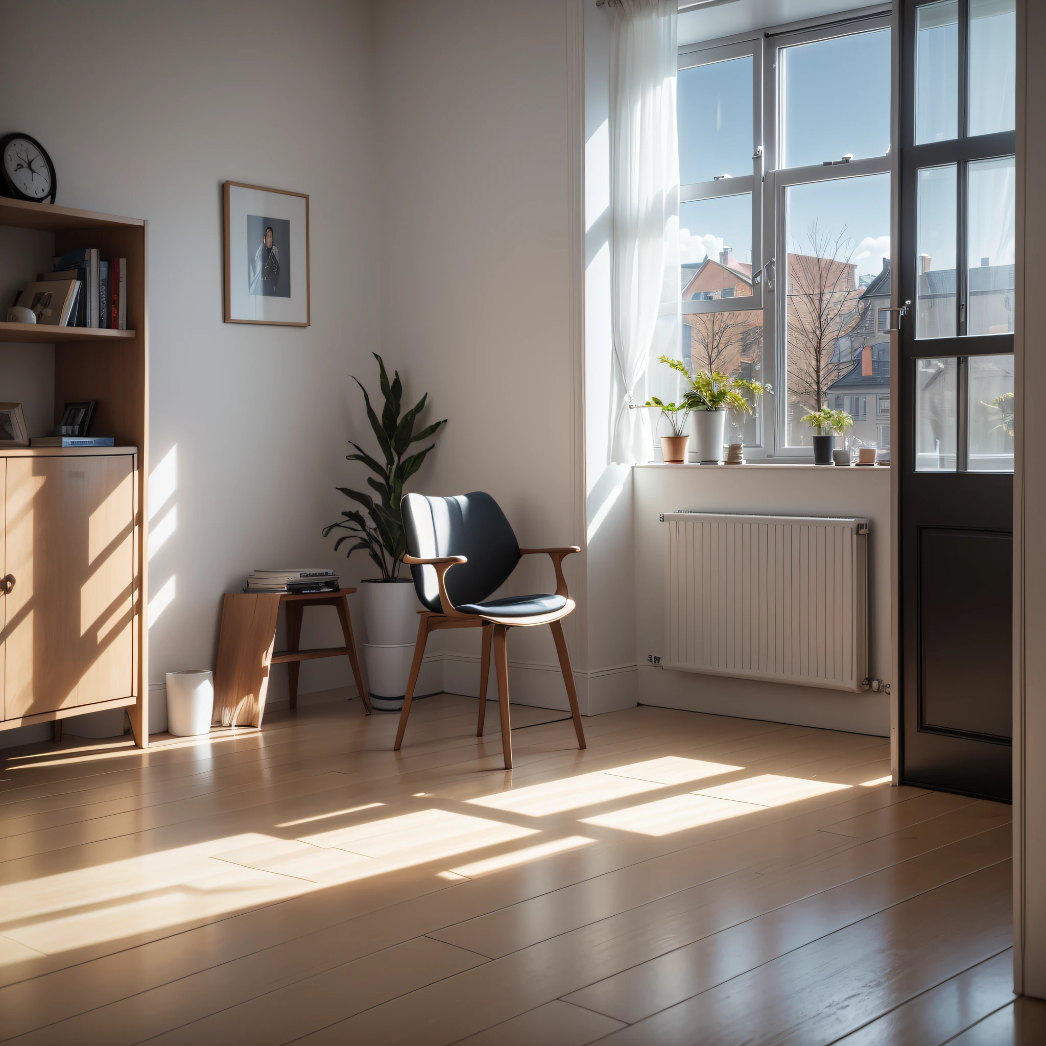 there is a cat sitting on a chair in a room, a picture by Nina Hamnett, unsplash, hyperrealism, mixed art, location in a apartment, hammershøi, bright daylight indoor photo, interior white wall, wooden floors, archviz, looking partly to the left, half image, apartment of an art student, modern minimalist f 2 0 clean --auto --s2