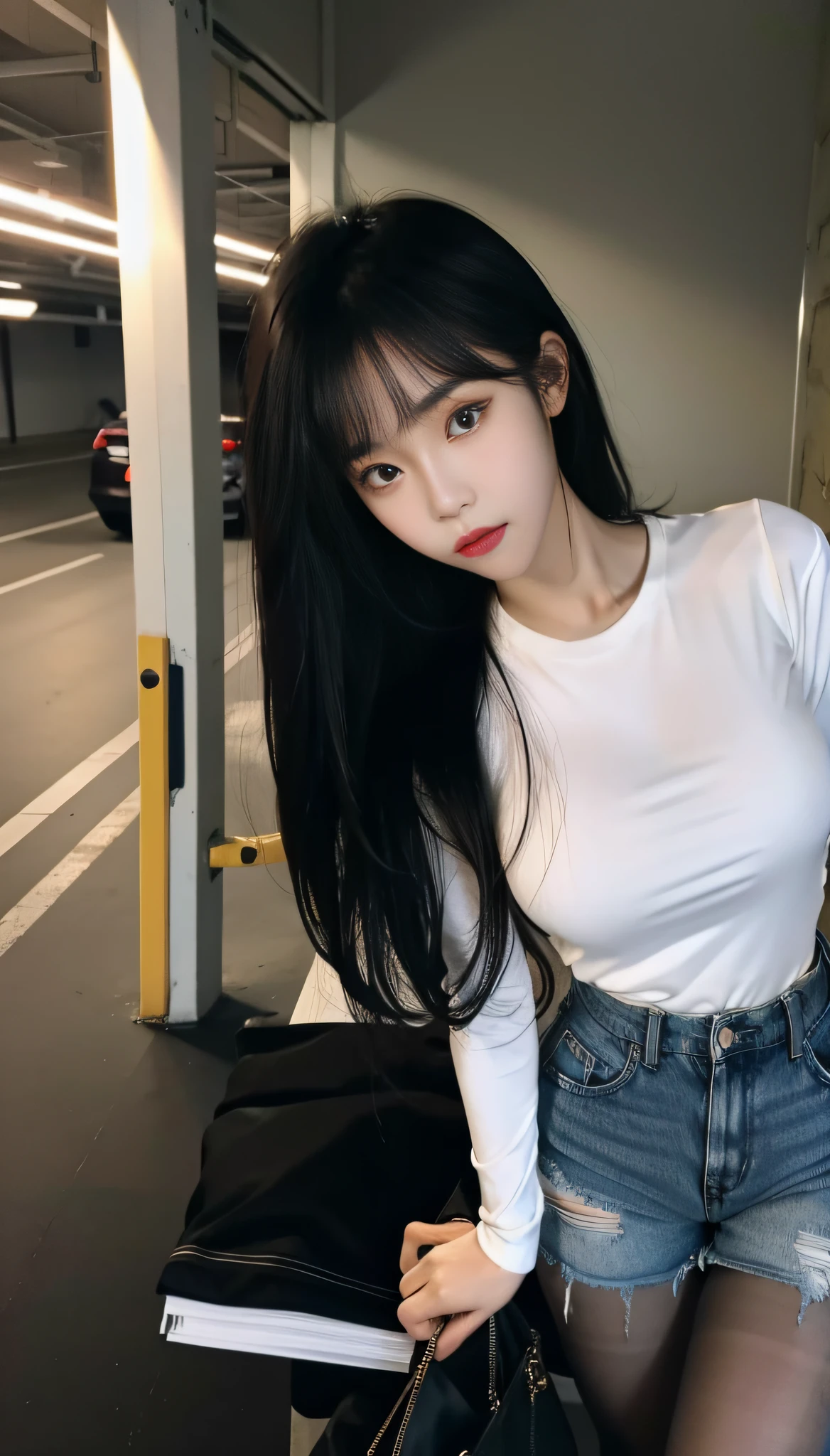 A Korean woman in an underground parking lot, fluffy hair, delicate face, realistic, real, large aperture, (black pantyhose: 1.5), wearing black shorts, top wearing white tight shirt, western shirt, slim,