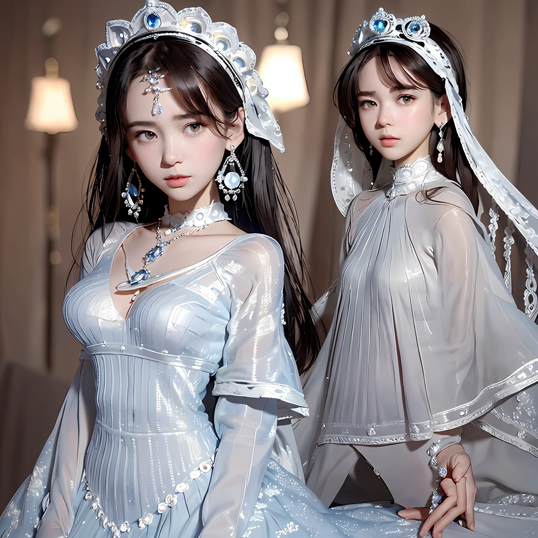 Masterpiece, Top Quality, Illustration, Sax Blue, Platinum Earrings, Platinum Necklace, White Dress, 1girl, Cute, (Dynamic Lighting:1.2), Cinematic Lighting, Delicate Facial Features, Detailed Eyes, Sharp Pupils, Realistic Pupils, Depth of Field, Bokeh, Sharp Focus, (Ultra Detail, Bloom, Glow:1.4), Many Small Jewels, (Colossal)))( Full body appearance))
