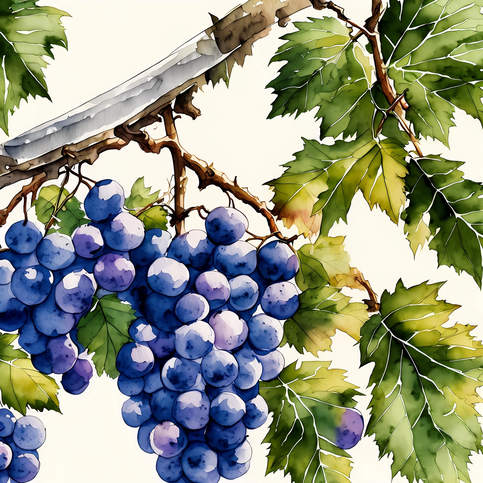 Close-up, someone is harvesting a grape branch with a knife, vineyard, illustration, modern watercolor, sharp detail, lamplight, 4K --auto --s2