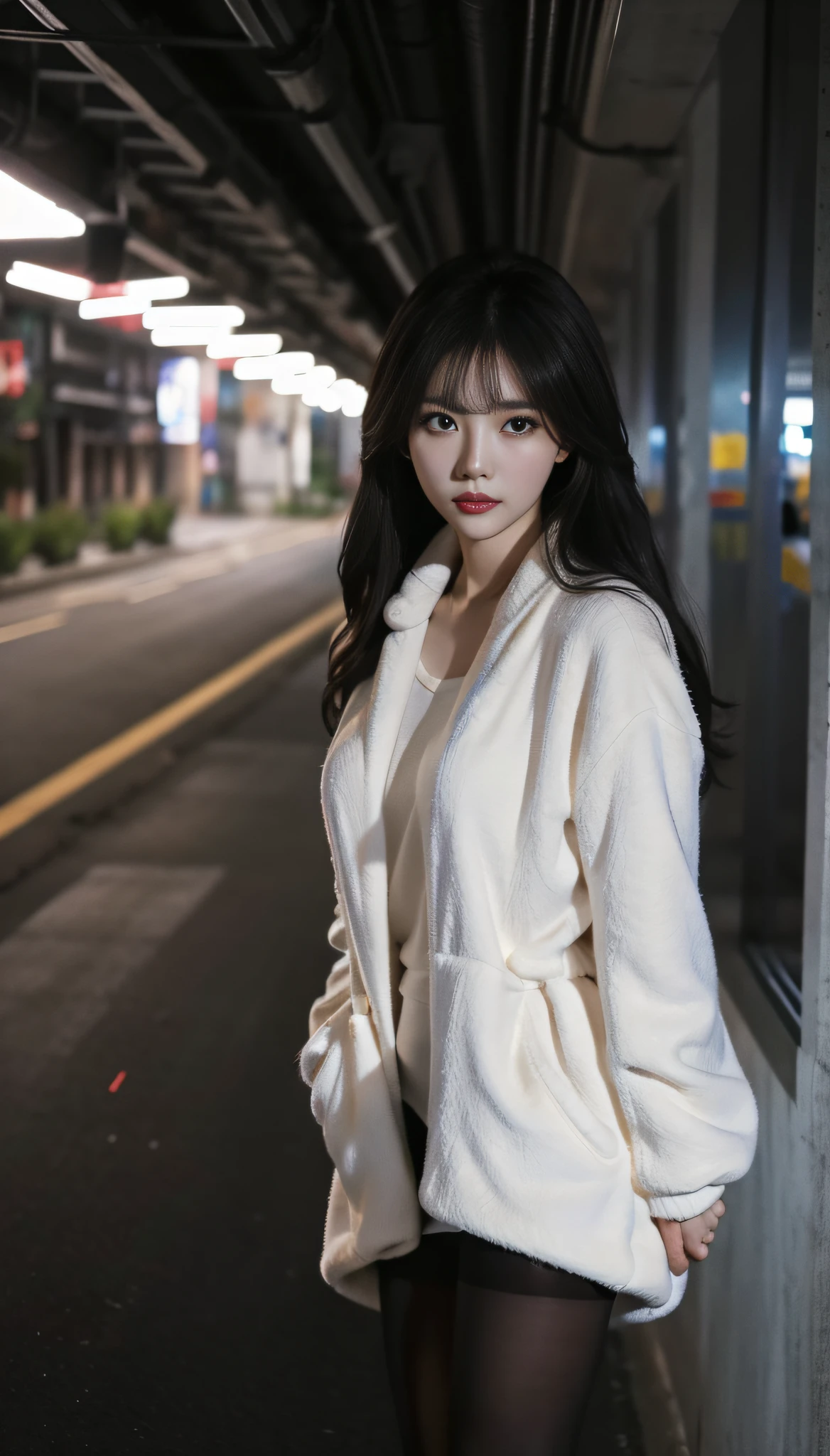 A Korean woman in an underground parking lot, fluffy hair, delicate face, realistic, real, large aperture, wearing black pantyhose,