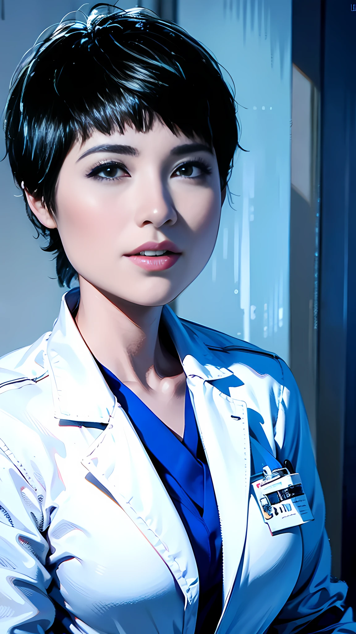 Drawing a female doctor with short hair in a doctor's white coat, (female doctor), hand-drawn style, digital cartoon drawing art, cartoon digital painting,
