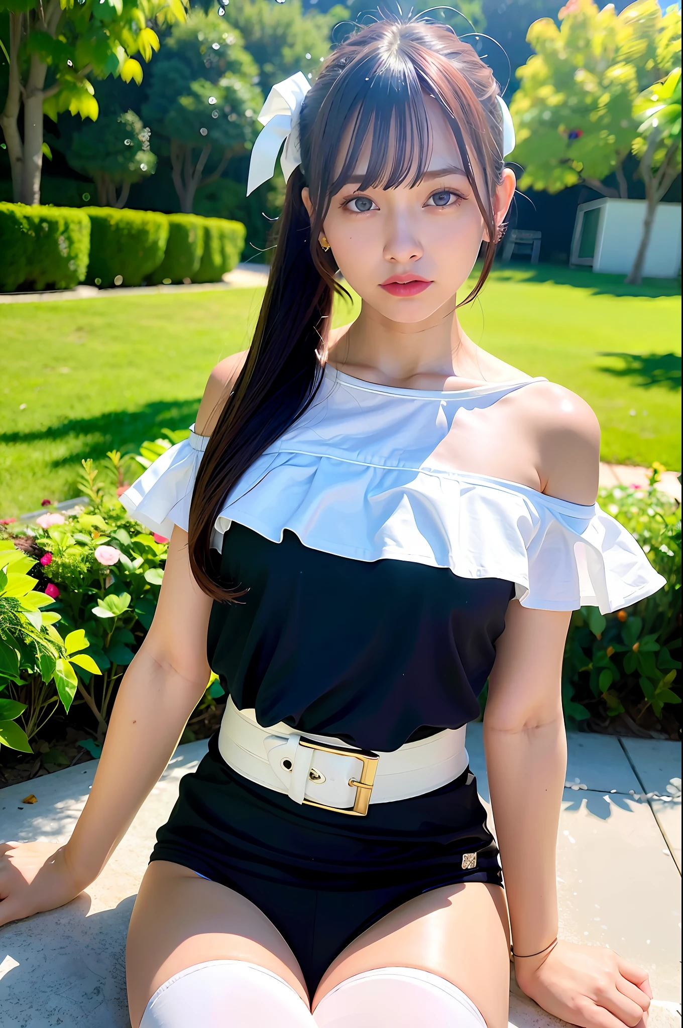 Top quality, ultra high resolution, (photorealistic: 1.4), 1 girl, off-shoulder white shirt, looking at the viewer, close-up, elongated legs, small, dazzling light, 15 years old, smooth ponytail, beautiful legs, shiny skin, navel, best lighting, (white stockings with garter belt, thighs), young face, shopping street, white ribbon on the head, black shorts, Pink dress, white belt