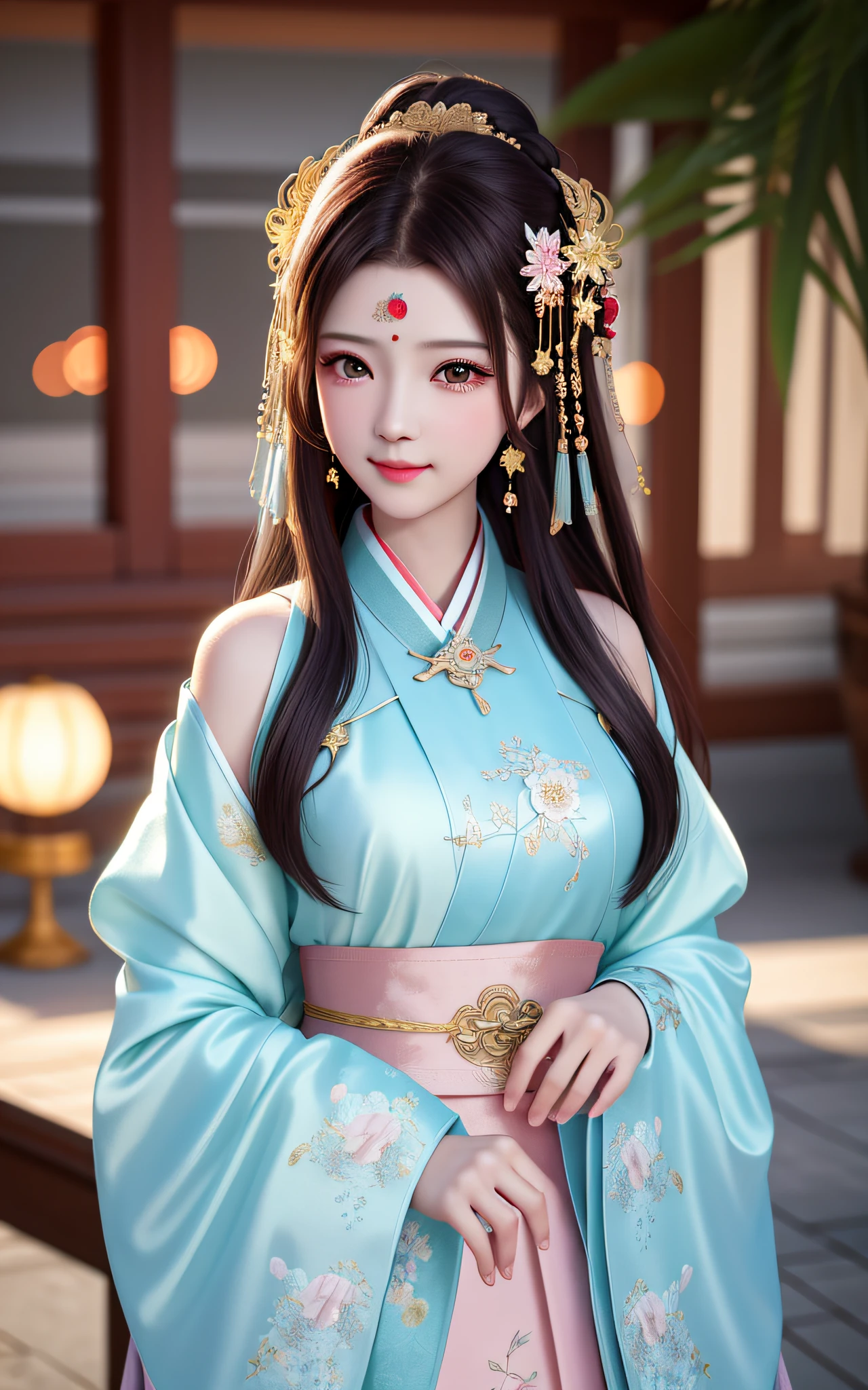 best quality, masterpiece, highres, 1girl,blush,(seductive smile:0.8),star-shaped pupils,china hanfu,hair ornament,necklace, jewelry,Beautiful face,upon_body, tyndall effect,photorealistic, dark studio, rim lighting, two tone lighting,(high detailed skin:1.2), 8k uhd, dslr, soft lighting, high quality, volumetric lighting, candid, Photograph, high resolution, 4k, 8k, Bokeh