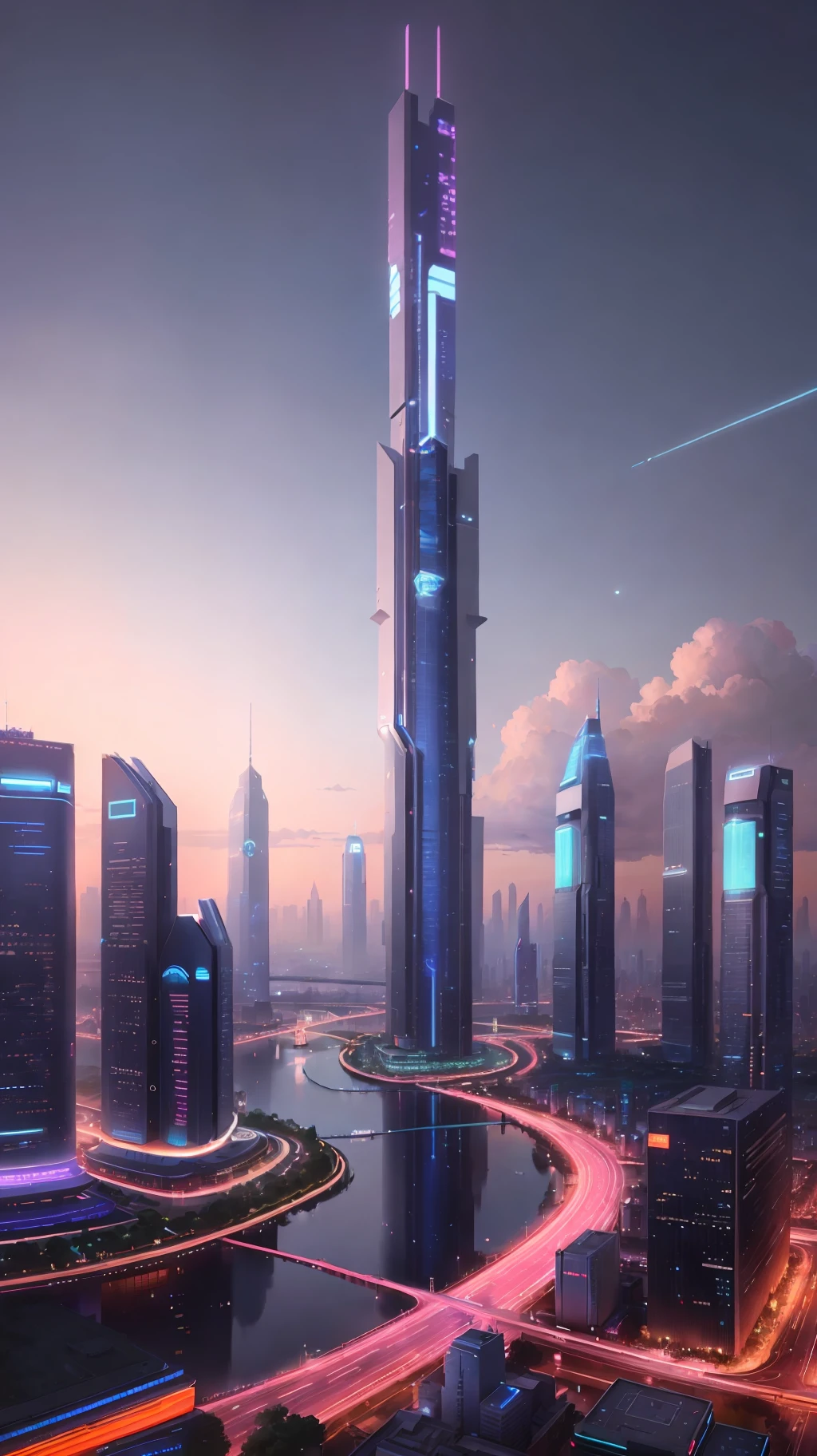 City skyline view with lake and park, (Cyberpunk: 1.3), (Night: 1.2), (Starry Sky), Illustration by Cha Shibiao, Shutterstock, Art Nouveau, Shenzhen, Shenzhen, Shenzhen. Guangjian, ultra-wide vision of the urban landscape, sci-fi architecture that breaks through imagination, all buildings have a sense of science and technology, full of science and technology. Architecture combined with light. Neon architecture. Beautiful city of the future, beautiful cityscape, science and technology city background, hou porcelain, there is a city in the background. Inspired by Makoto Shinkai's sought-after concept art and masterpieces on Pixiv, vision (wide-angle lens), ultra-high resolution (authenticity: 1.4), ultra-high-quality, extremely detailed CG Unity 8k wallpapers, aesthetics, award-winning photography, realism, high detail, detail enhancement, blur removal, intricacies, travel art. Visually stunning. Beautiful futuristic city, beautiful city, Chinese dream land, pexels, blue hour photography, Chinese dreamland, spectacular clouds, fantasy clouds.
