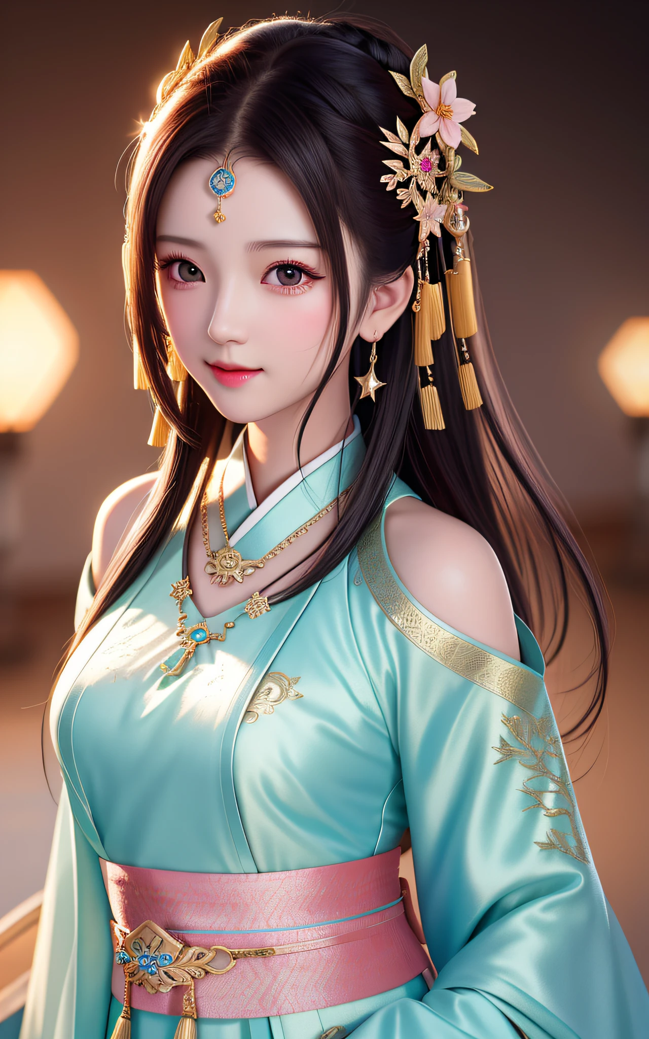 best quality, masterpiece, highres, 1girl,blush,(seductive smile:0.8),star-shaped pupils,china hanfu,hair ornament,necklace, jewelry,Beautiful face,upon_body, tyndall effect,photorealistic, dark studio, rim lighting, two tone lighting,(high detailed skin:1.2), 8k uhd, dslr, soft lighting, high quality, volumetric lighting, candid, Photograph, high resolution, 4k, 8k, Bokeh