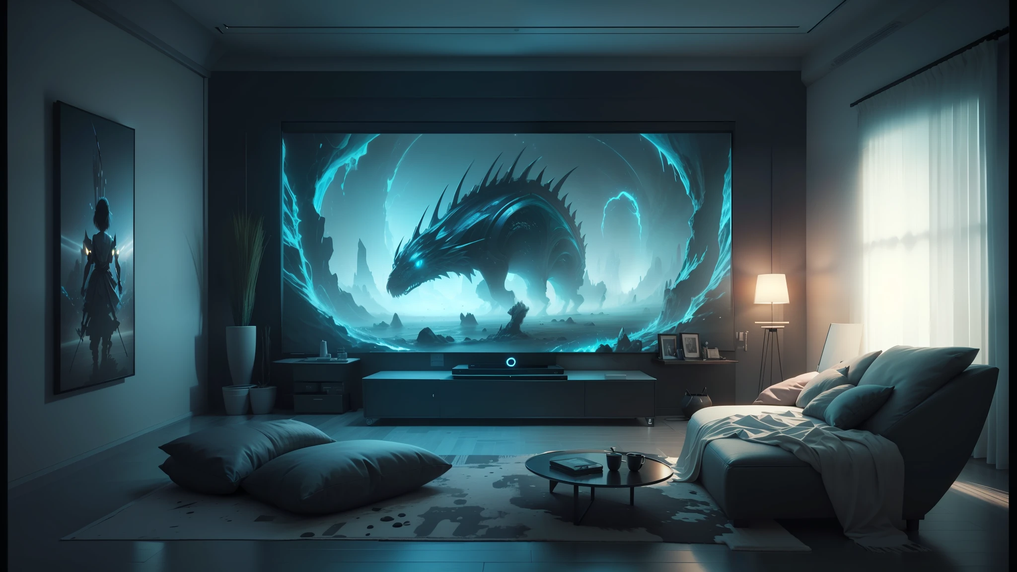 here is a large television in a room with a large screen, cgsociety 9, 3 d epic illustrations, ultrarealistic digital art, scary color art in 4 k, futuristic room background, 3d 8k hd trending on art station, digital art widescreen 8 k, detailed digital 3d art, 4k fantasy art, 3d digital art 4k --auto --s2