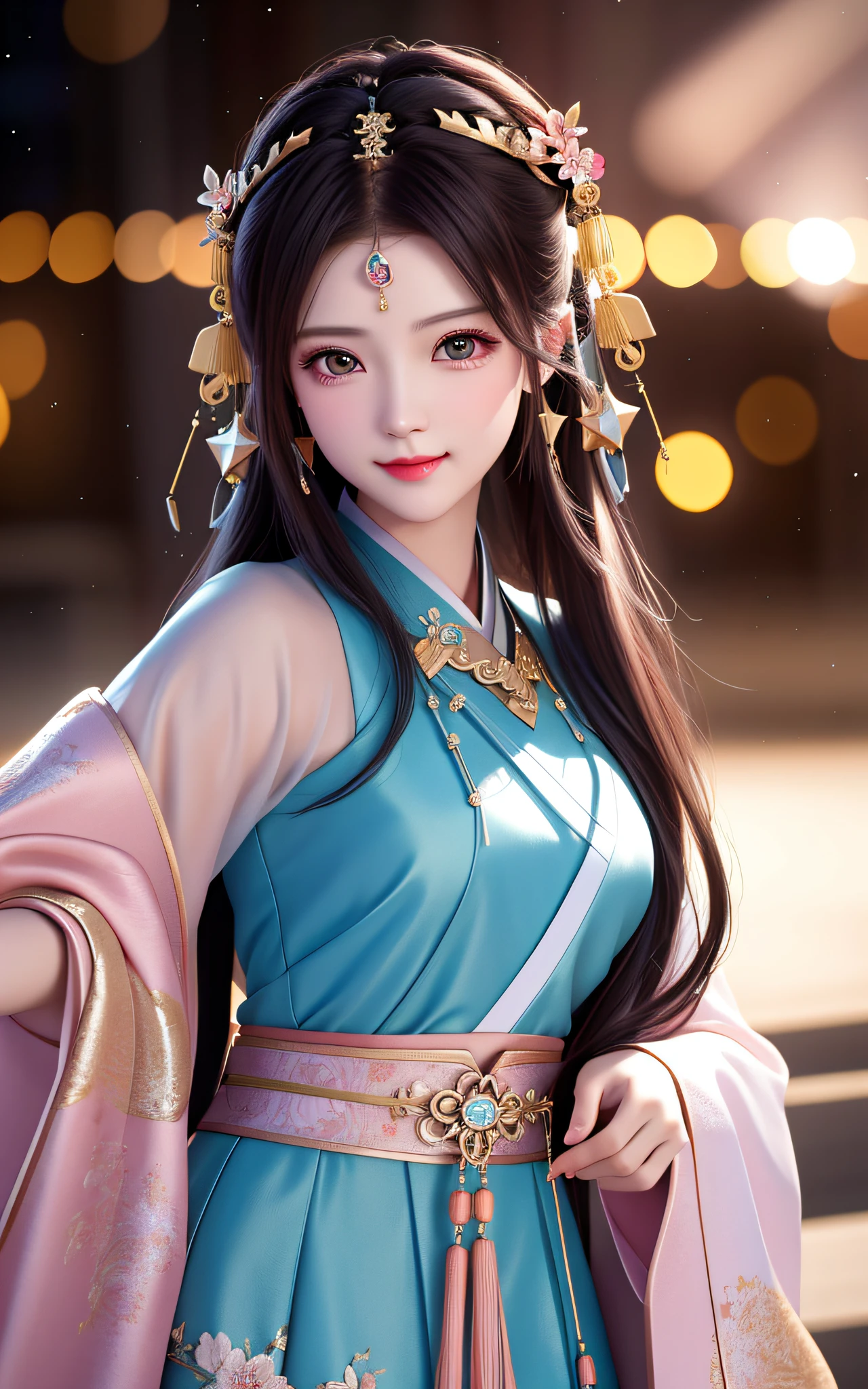 best quality, masterpiece, highres, 1girl,blush,(seductive smile:0.8),star-shaped pupils,china hanfu,hair ornament,necklace, jewelry,Beautiful face,upon_body, tyndall effect,photorealistic, dark studio, rim lighting, two tone lighting,(high detailed skin:1.2), 8k uhd, dslr, soft lighting, high quality, volumetric lighting, candid, Photograph, high resolution, 4k, 8k, Bokeh