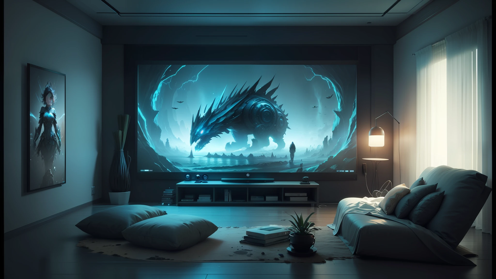 here is a large television in a room with a large screen, cgsociety 9, 3 d epic illustrations, ultrarealistic digital art, scary color art in 4 k, futuristic room background, 3d 8k hd trending on art station, digital art widescreen 8 k, detailed digital 3d art, 4k fantasy art, 3d digital art 4k --auto --s2