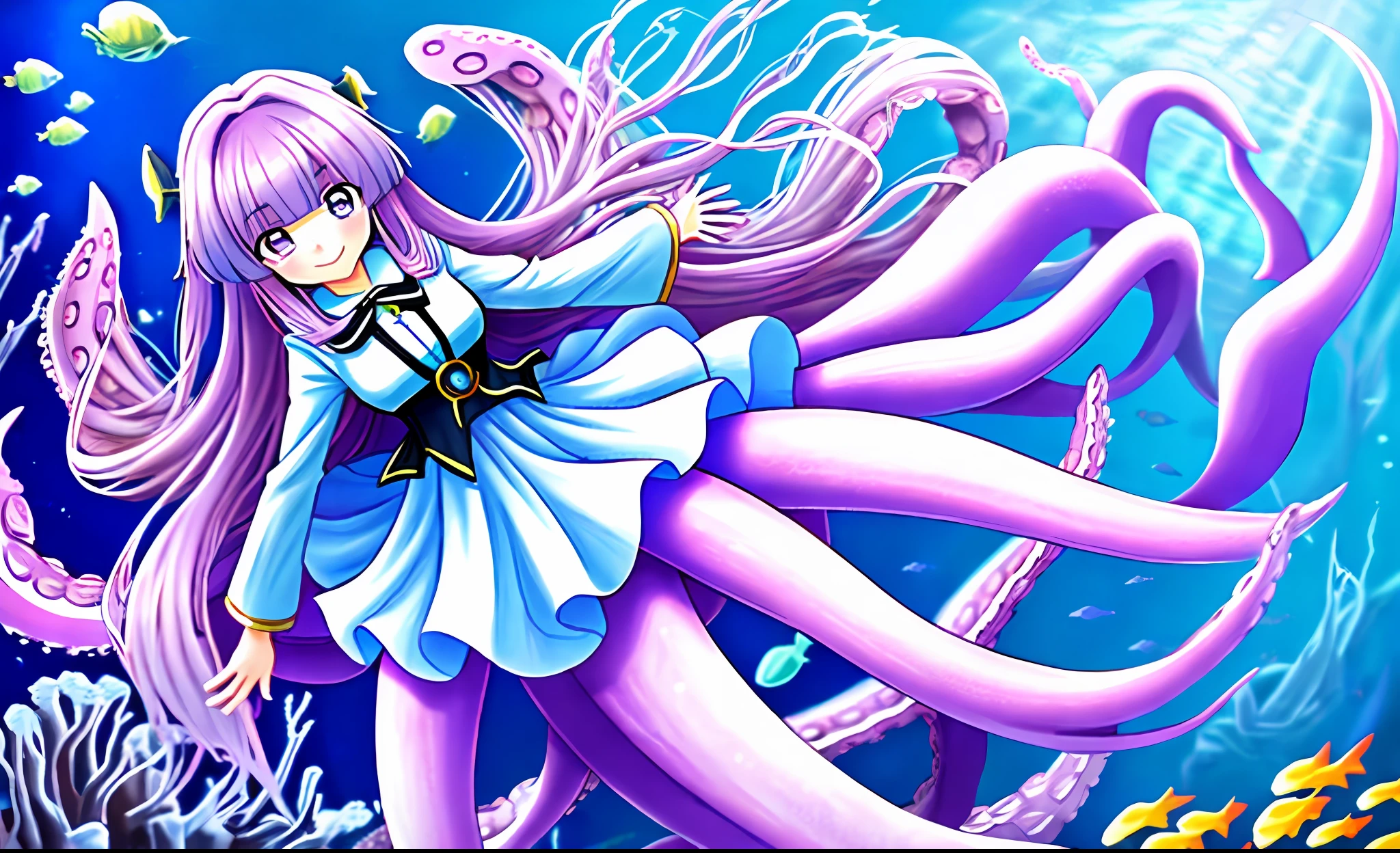 Anime girl in light purple hair white dress, solo smile, surrounded by schools of fish, Scylla, octopus goddess, anime monster girl, masterpiece, best quality, under the sea