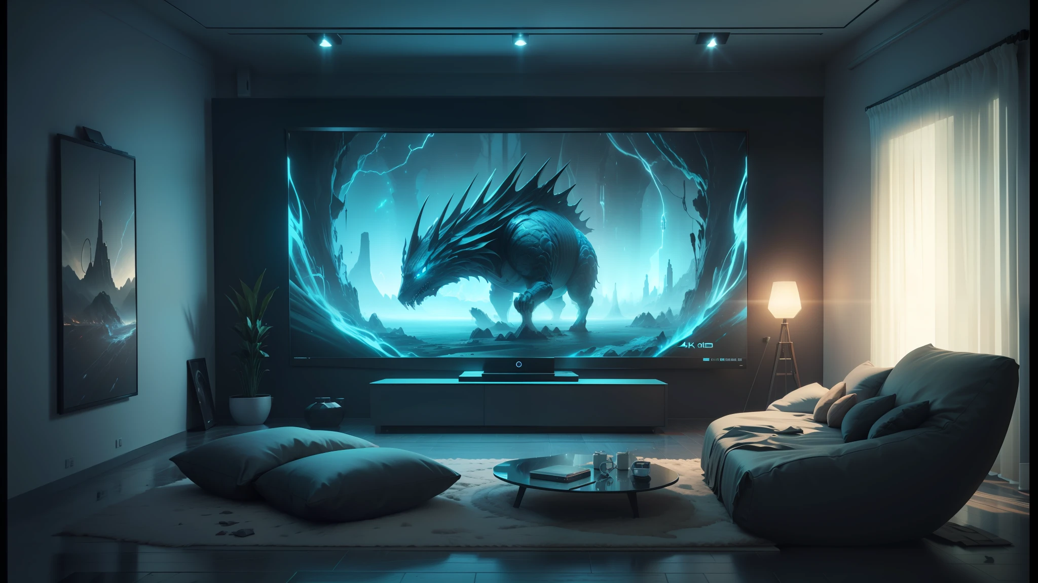 here is a large television in a room with a large screen, cgsociety 9, 3 d epic illustrations, ultrarealistic digital art, scary color art in 4 k, futuristic room background, 3d 8k hd trending on art station, digital art widescreen 8 k, detailed digital 3d art, 4k fantasy art, 3d digital art 4k --auto --s2