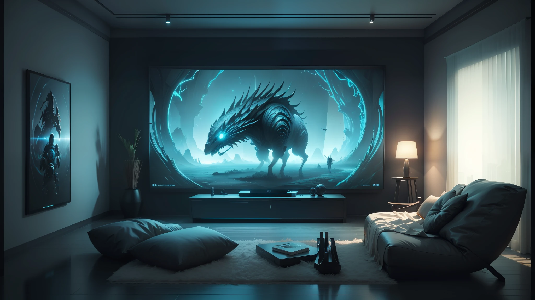 here is a large television in a room with a large screen, cgsociety 9, 3 d epic illustrations, ultrarealistic digital art, scary color art in 4 k, futuristic room background, 3d 8k hd trending on art station, digital art widescreen 8 k, detailed digital 3d art, 4k fantasy art, 3d digital art 4k --auto --s2