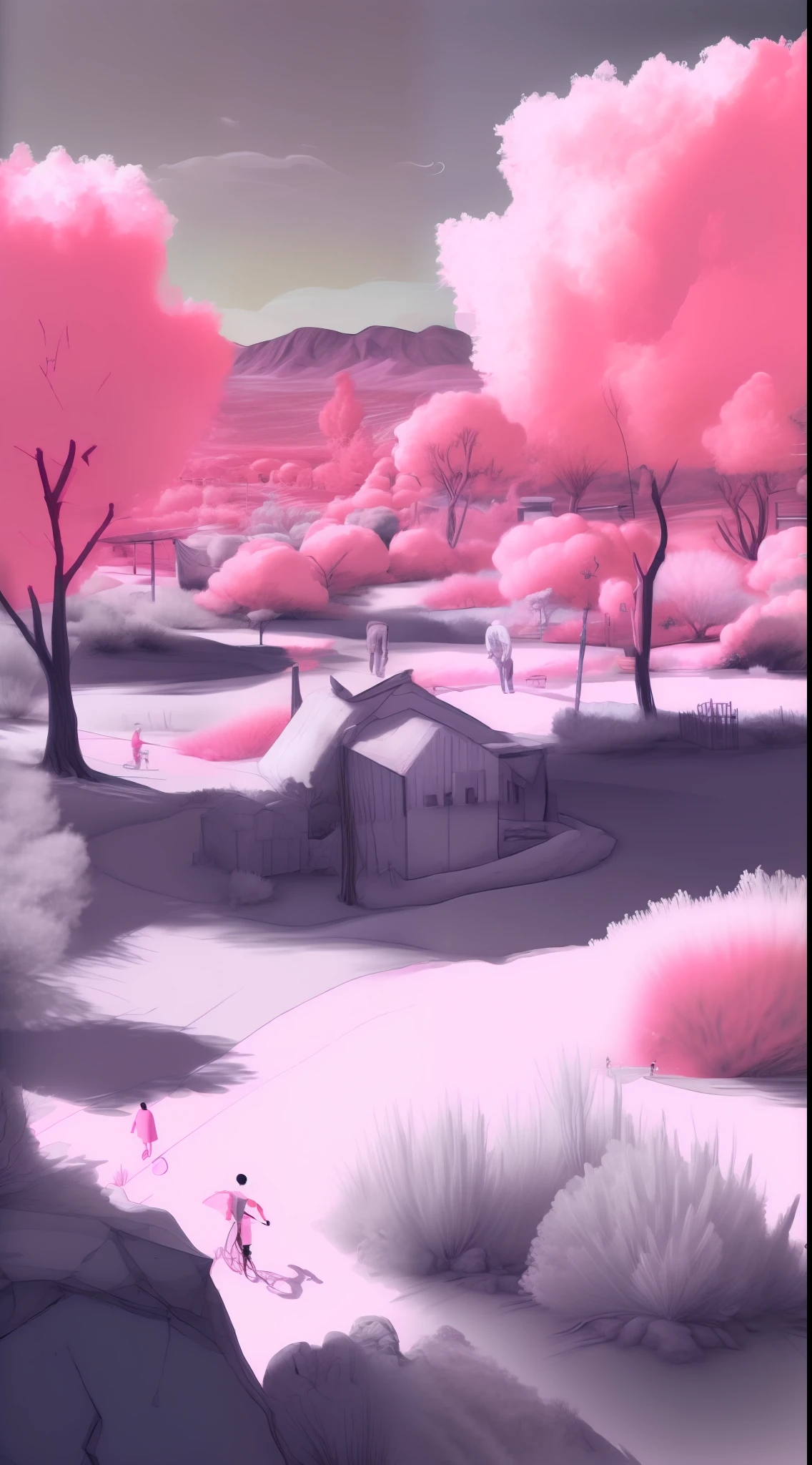 landscape, vibrant colors, Monochromatic Palettes, Inequality, One-point perspective drawing style, Neighborhood park drawing style, Infrared, by artist Taro Kagawa, Conjecture, Shadow lighting, Incenter, Timeline drawing style, Monochrome, Polarization, Game art drawing style, Slow Motion, Desert painting style, Intense painting style