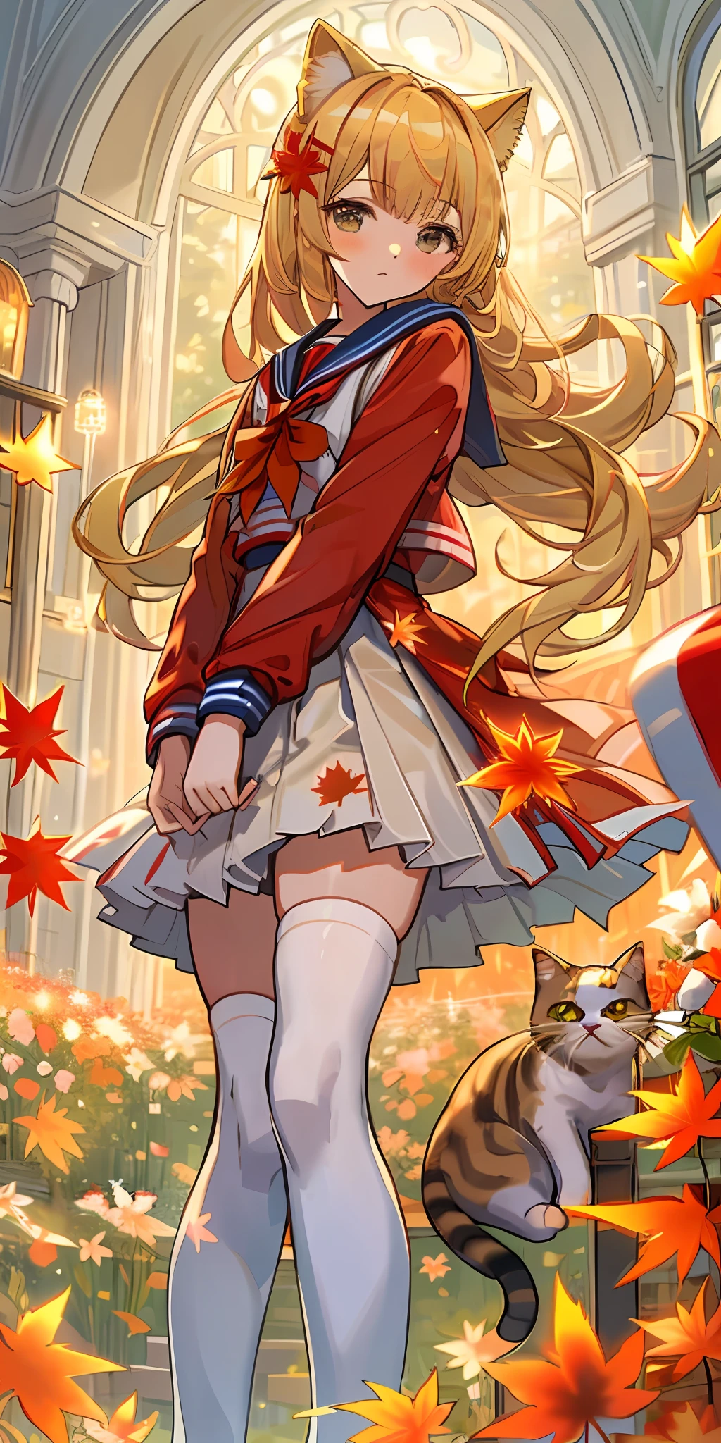 (Masterpiece, best quality), 1 long blonde girl standing in a field of greenery and flowers, her hands under her chin, warm lights, red sailor suit, blurred foreground, maple leaf hairpin, blonde eyes, white over-the-knee socks, school shoes, cat ears,