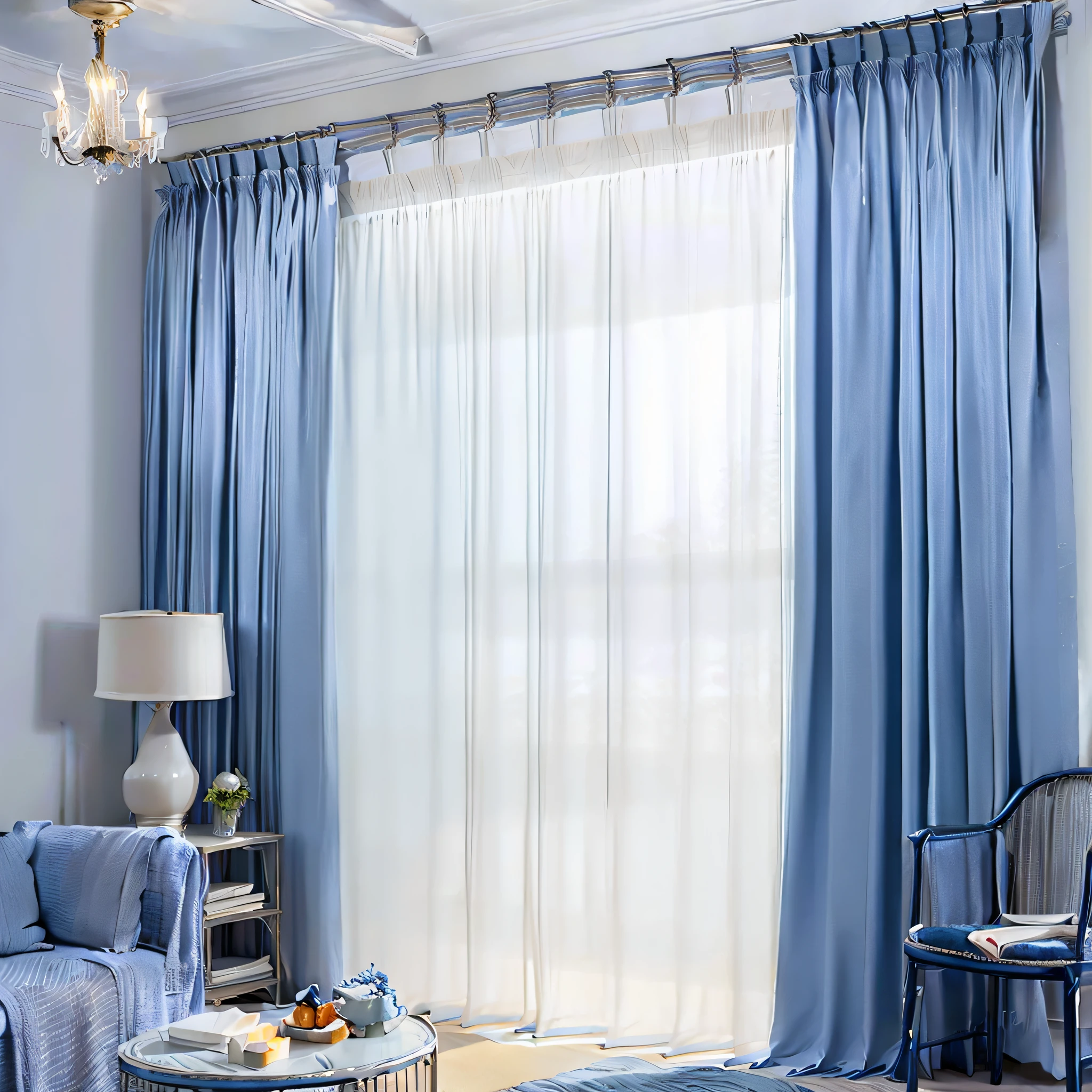 arafed living room with a couch, chair, table and a lamp, winter blue drapery, blue gray, draped drapes, curtains, curtain, beautiful drapes, drapes, soft grey and blue natural light, ethereal curtain, blue and gray colors, blue grey and white color scheme, curtain bangs, blue and grey color scheme, plain, velvet