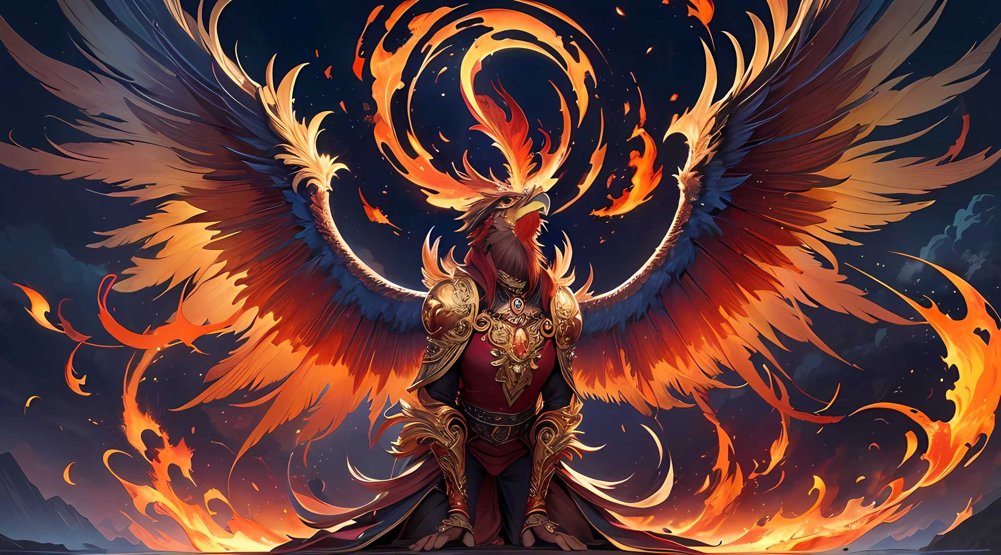 (masterpiece, top quality, best quality, official art, beautiful and aesthetic:1.2), 1 fiery fenix, bird, flame, wings, feathers, intricate details, abstract landscape, colorful,