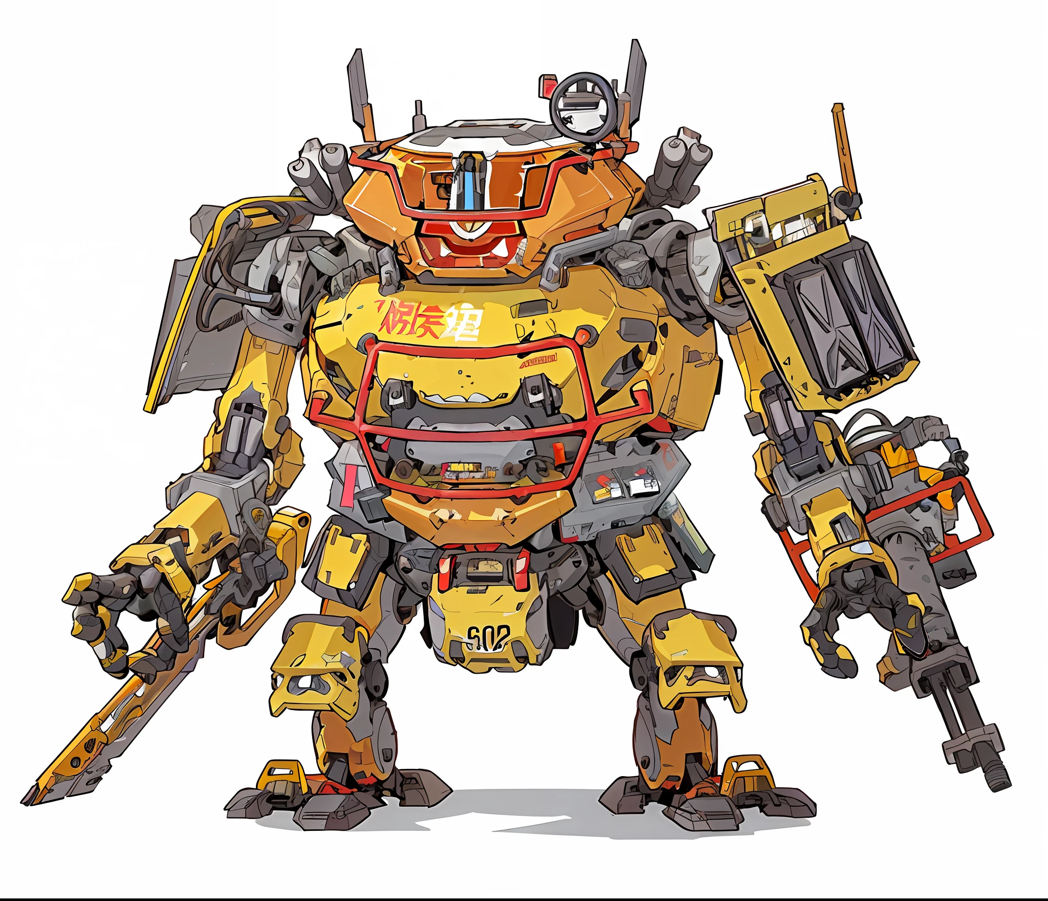 a close up of a robot with a gun and a helmet, yellow mech, mech, mechanized art concept, comic book style battlemech, mech body, mecha inspired, mech robot, cute elaborate epic robot, mecha, painterly humanoid mecha, cyber mech, mech concept art, collosal mech, big mecha, alexandre ferra mecha