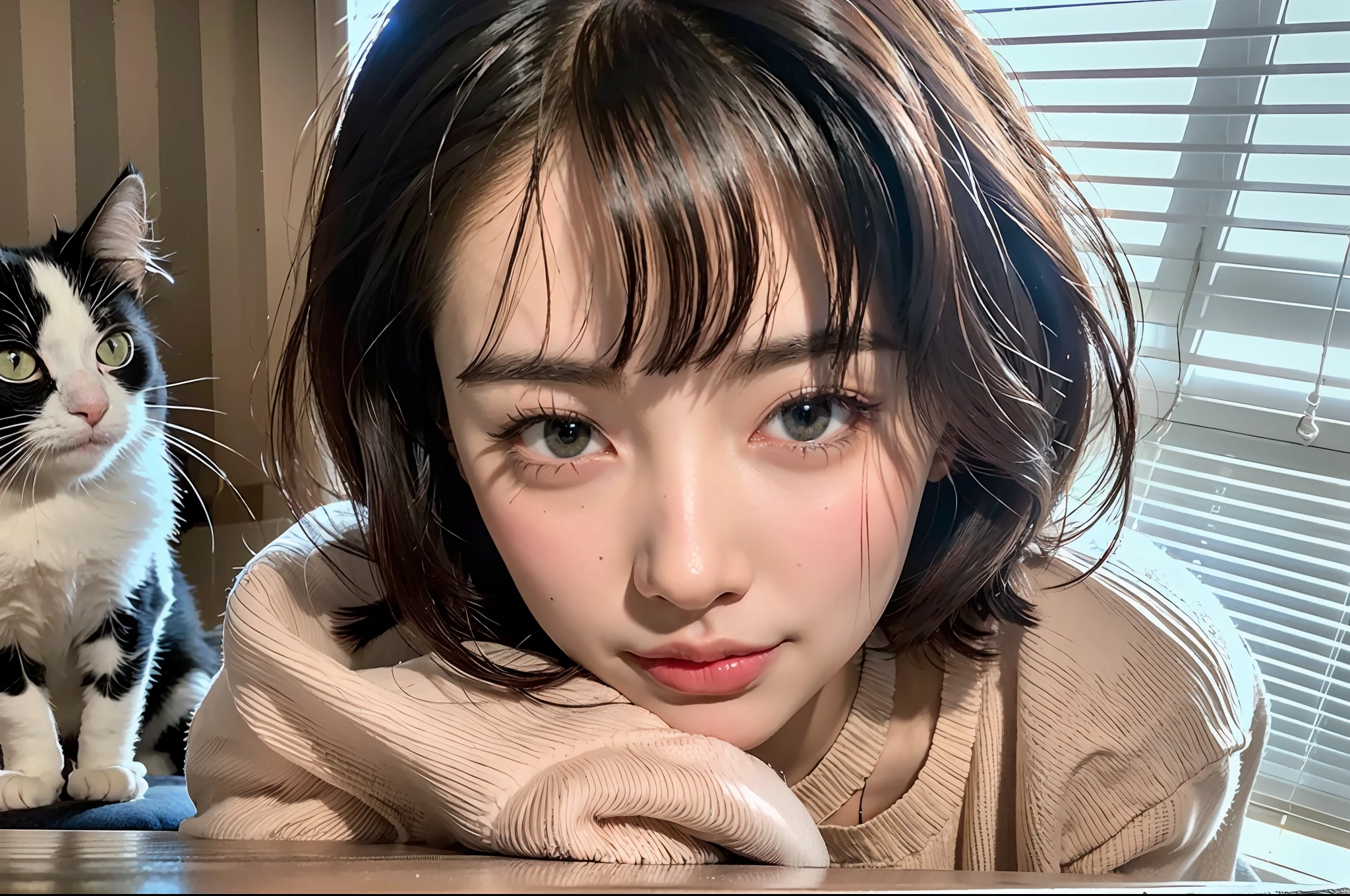 (8k, RAW Photo, Best Quality, Masterpiece:1.2), Ultra Detail, Super Resolution, (Realistic, Realistic Photo:1.37), Portrait, High Detail RAW Color Photo, Professional Photo, Extremely Detailed and Beautiful, Extremely detailed, 8k wallpaper, amazing and detailed, huge file size, official art, highly detailed CG unity 8k wallpaper, highly detailed beautiful girl, highly detailed face, highly detailed eyes, highly detailed skin, highly detailed fingers, highly detailed nose, very detailed detailed mouth , perfect anatomy, highly detailed background, highly detailed clothes, 1girl, 18s year old girl, cute girl, realistic body, petite, fair skin, glowing skin , ((slender proportions)), slim body, handsome body, black hair, short hair, (blunt bangs:1.2), smile, cute, youthful, cute face, realistic face, delicate eyes, drooping eyes, small breasts, (Wearing a white T-shirt), (wearing pink jersey pants), ((there is a cat next to the girl)), looking at viewer, pov, looking up, (The girl on my lap is looking down on me), smile, Thin Waist, dim night mode lighting, Bedroom at night, the window is covered with blinds,