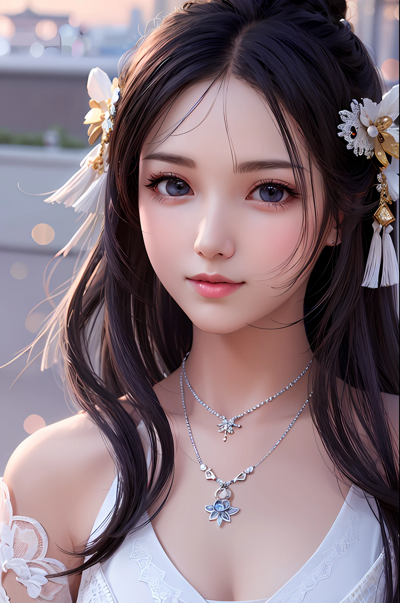 Best Quality, Masterpiece, High Resolution, 1Girl, Porcelain Dress, Hair Accessories, Necklace, Jewelry, Beautiful Face, Physical, Tyndall Effect, Realism, Dark Studio, Edge Lighting, Two-tone Lighting, (High Detail Skin: 1.2), 8K UHD, DSLR, Soft Light, High Quality, Volumetric Light, Voyeur, Photo, High Resolution, 4K, 8K, Background Bokeh,. Jinstyle, Beijing architecture Chinese qipao