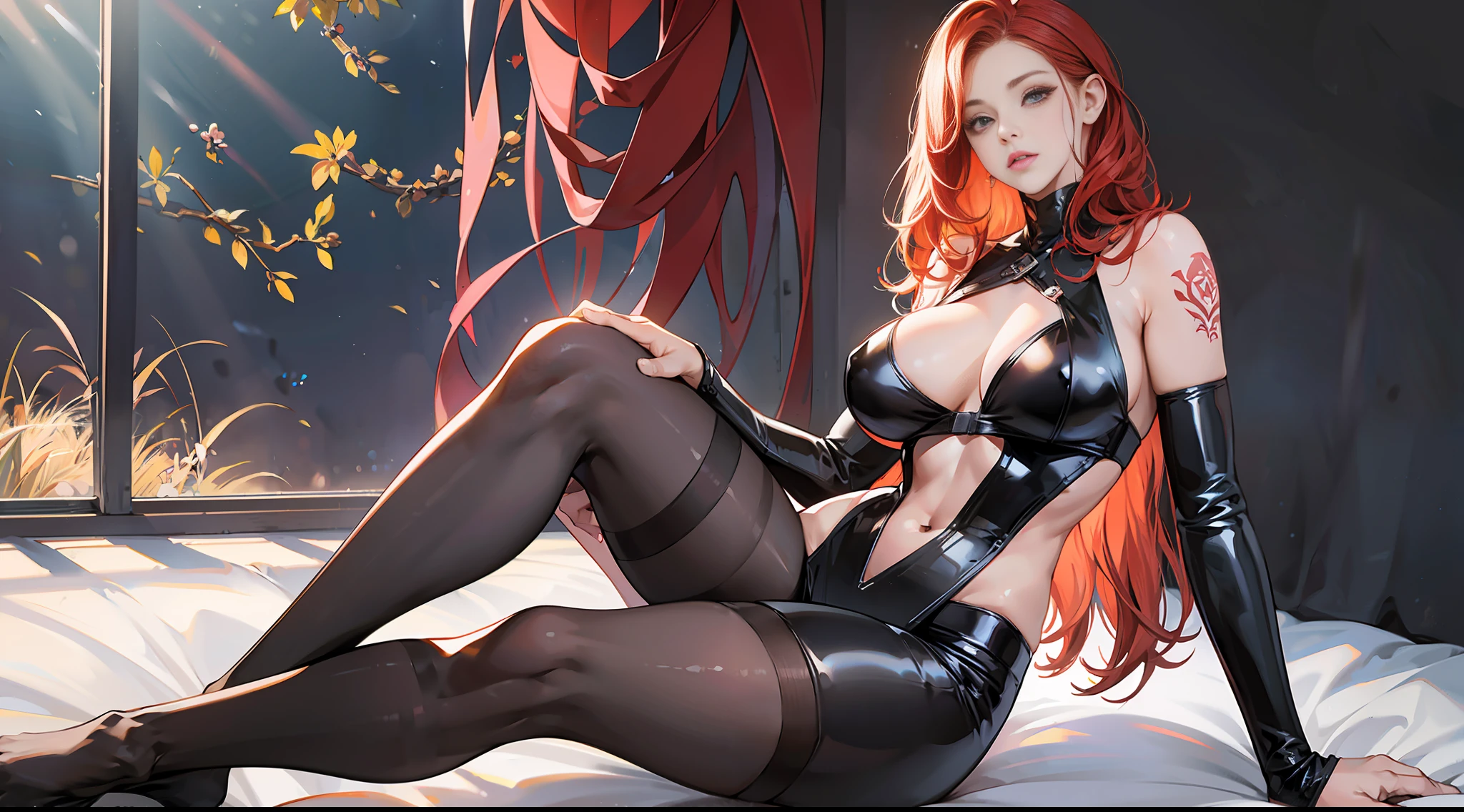 Redhead babe, black mask, full-body lens, 8K resolution, strong figure, {{Huge_breast}}, straight chest, slender waist, tall, slender legs, thin and transparent tights, {{latex}}, {{glossy}}, {slim}, fair skin, {black_stockings}, highest details, light curls, long bangs, openwork, side space, various tattoos all over the body, open legs, sitting on the bed --auto --s2