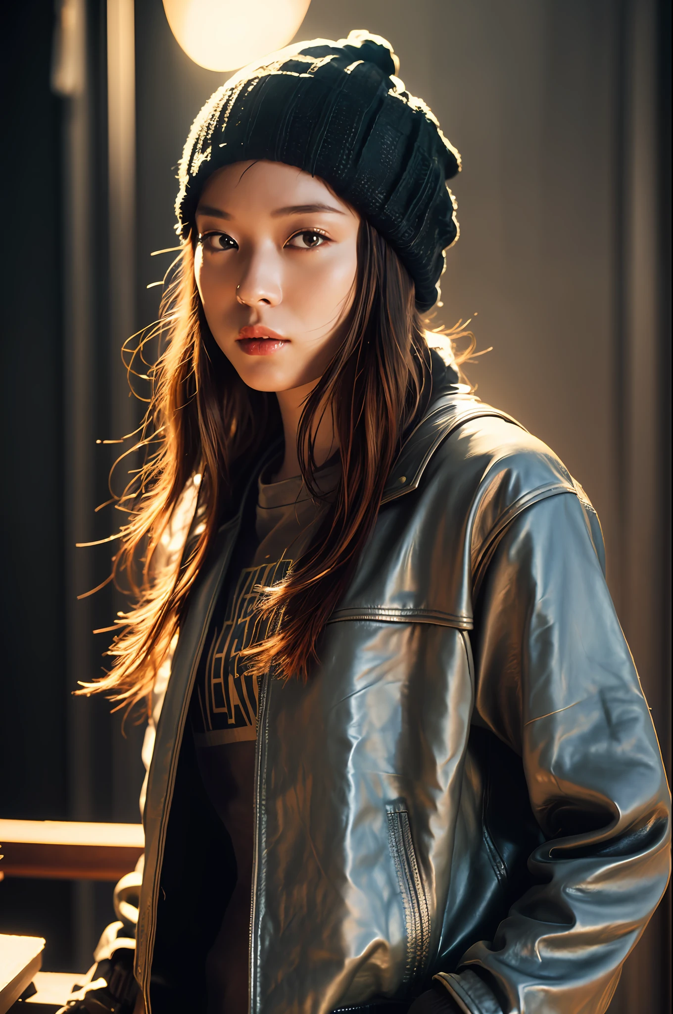 (
(8k:1.27), best quality, masterpiece, ultra highres:1.2) Photo of Pretty Japanese woman
(beautiful:1.1) (sci-fi warrior woman:1.1) space soldier, (beanie:1.61) (leather jacket:1.21) intricate elegant, fantasy, detailed, ometric by greg rutkowski and alphonse mucha, gradient lighting