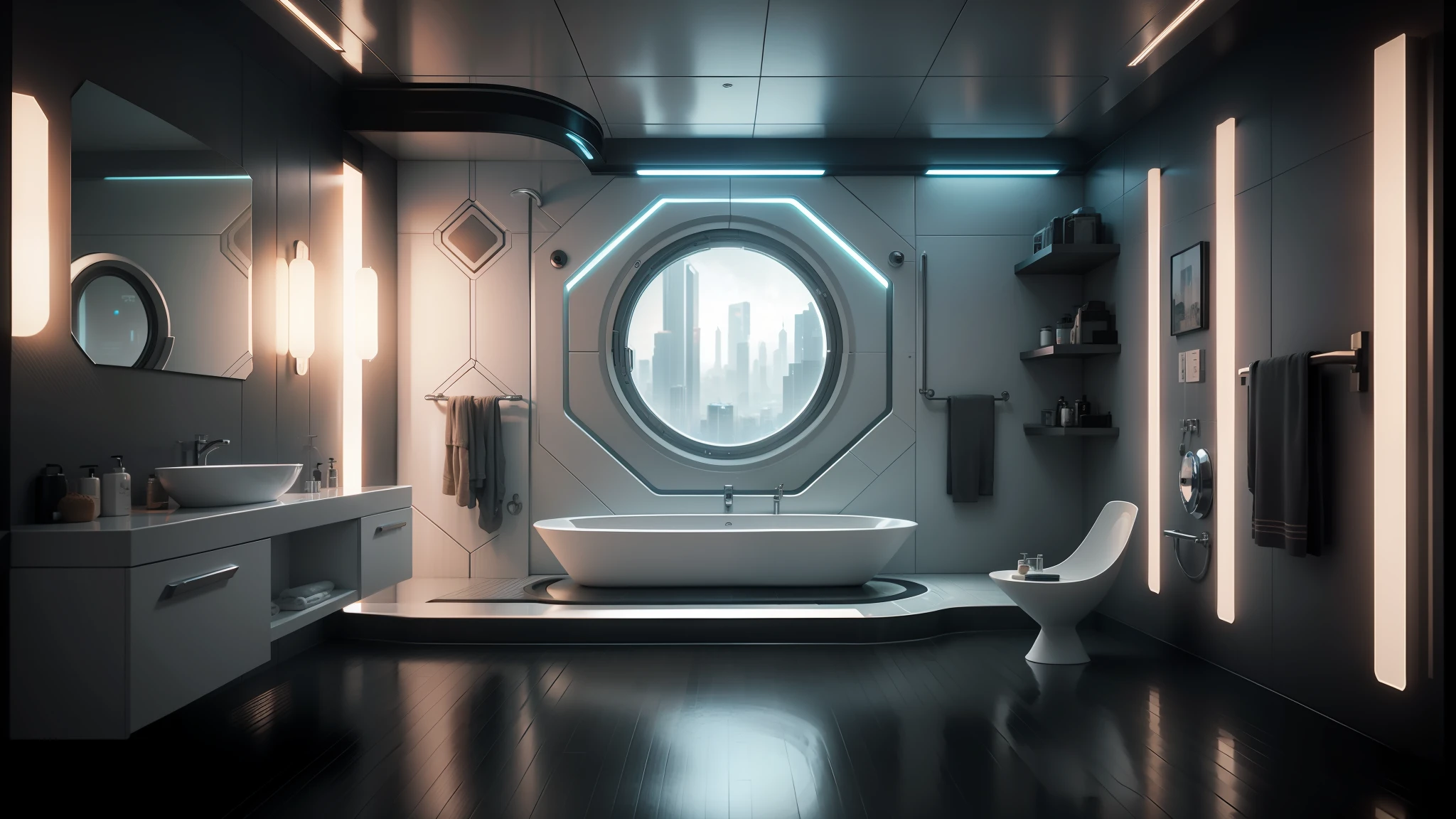 there is a bathroom with a round window and a bathtub, futuristic. game cg, cgsociety 9, cyberpunk apartment, futuristic room, futuristic interior, from a 2 0 1 9 sci fi 8 k movie, future science fiction. game cg, futuristic room background, cgsociety unreal engine, cgsociety 4k, dystopian city apartment, cgsociety 4 k, futuristic decor --auto --s2