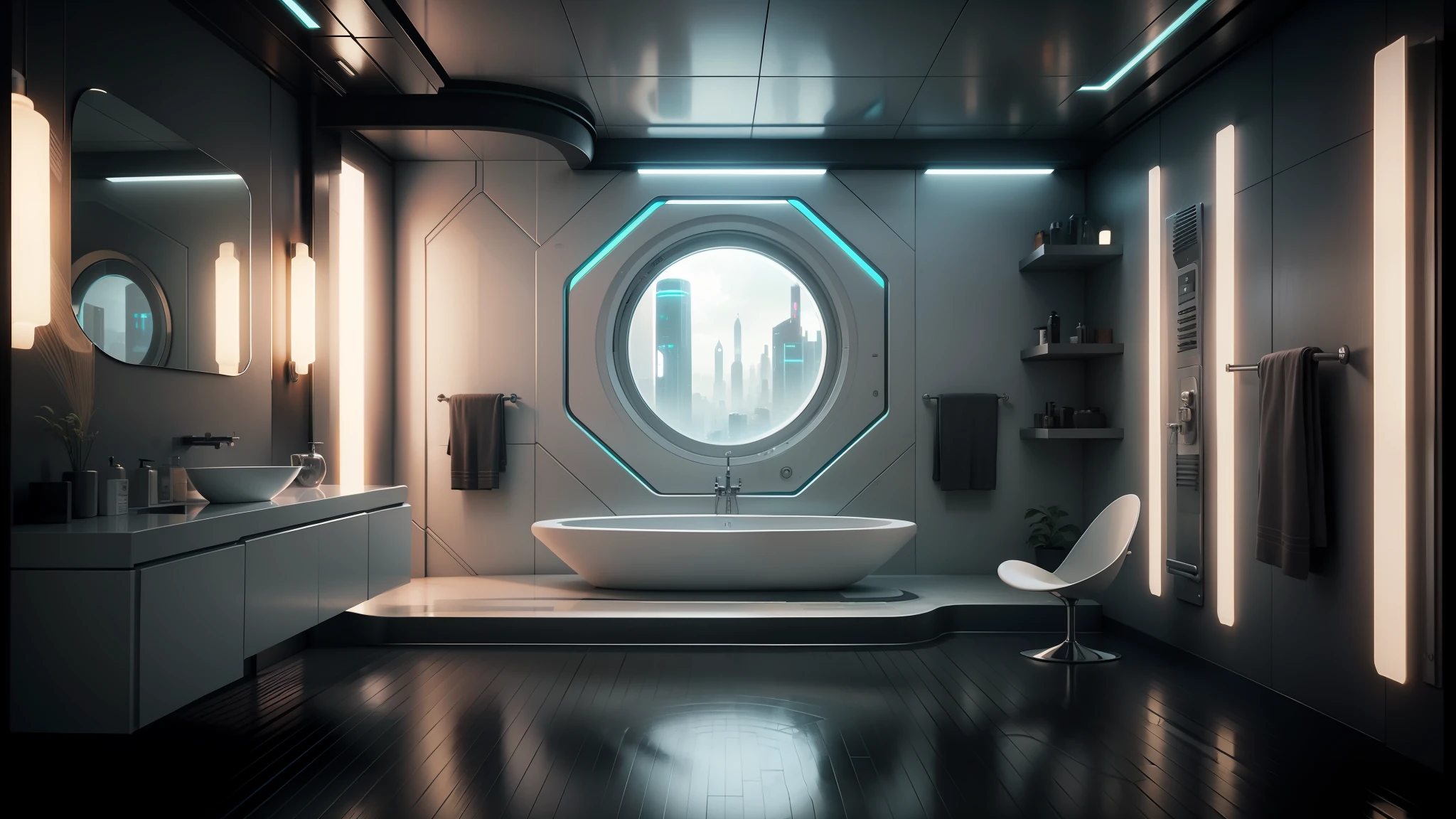 there is a bathroom with a round window and a bathtub, futuristic. game cg, cgsociety 9, cyberpunk apartment, futuristic room, futuristic interior, from a 2 0 1 9 sci fi 8 k movie, future science fiction. game cg, futuristic room background, cgsociety unreal engine, cgsociety 4k, dystopian city apartment, cgsociety 4 k, futuristic decor --auto --s2