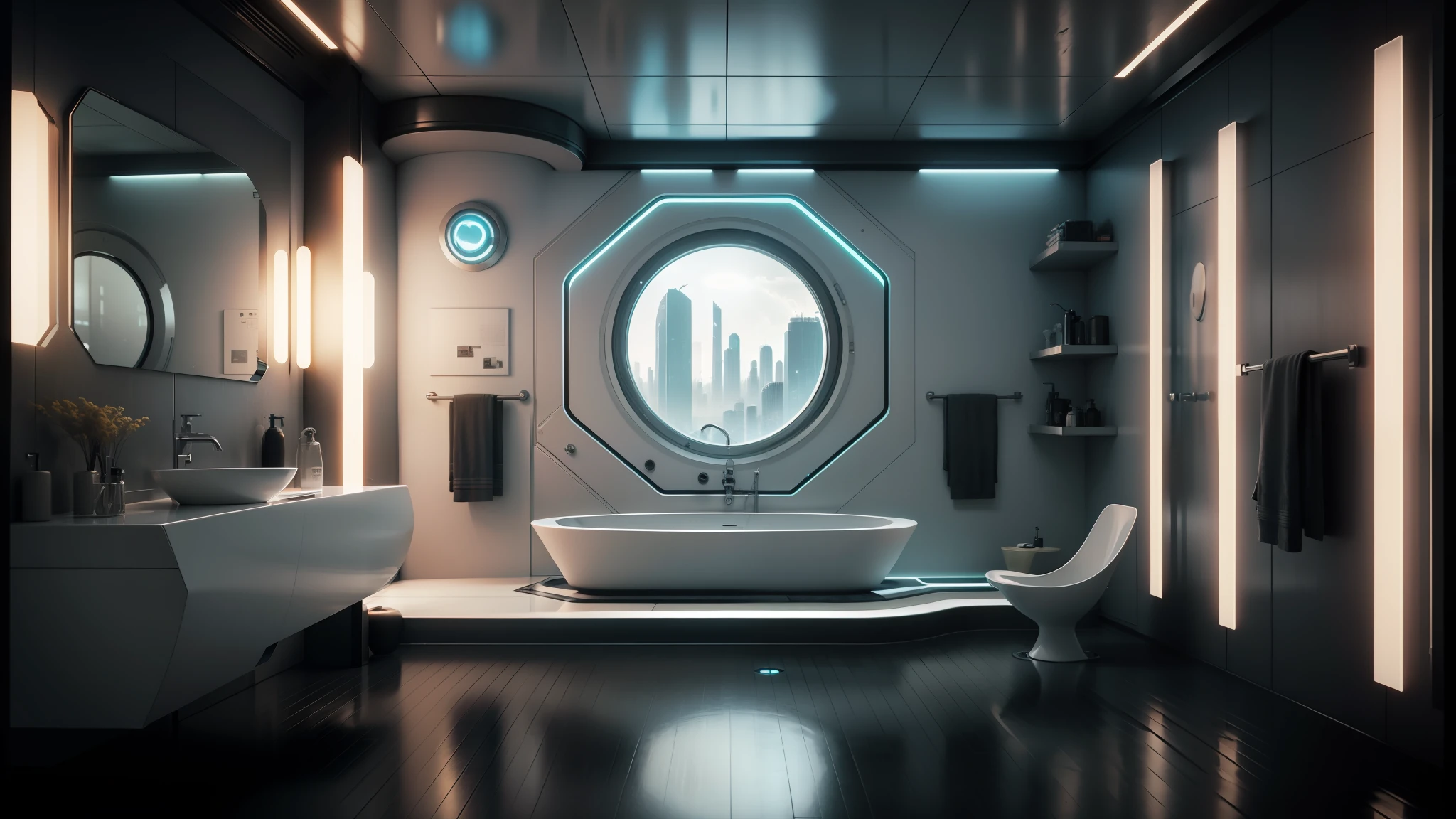 there is a bathroom with a round window and a bathtub, futuristic. game cg, cgsociety 9, cyberpunk apartment, futuristic room, futuristic interior, from a 2 0 1 9 sci fi 8 k movie, future science fiction. game cg, futuristic room background, cgsociety unreal engine, cgsociety 4k, dystopian city apartment, cgsociety 4 k, futuristic decor --auto --s2