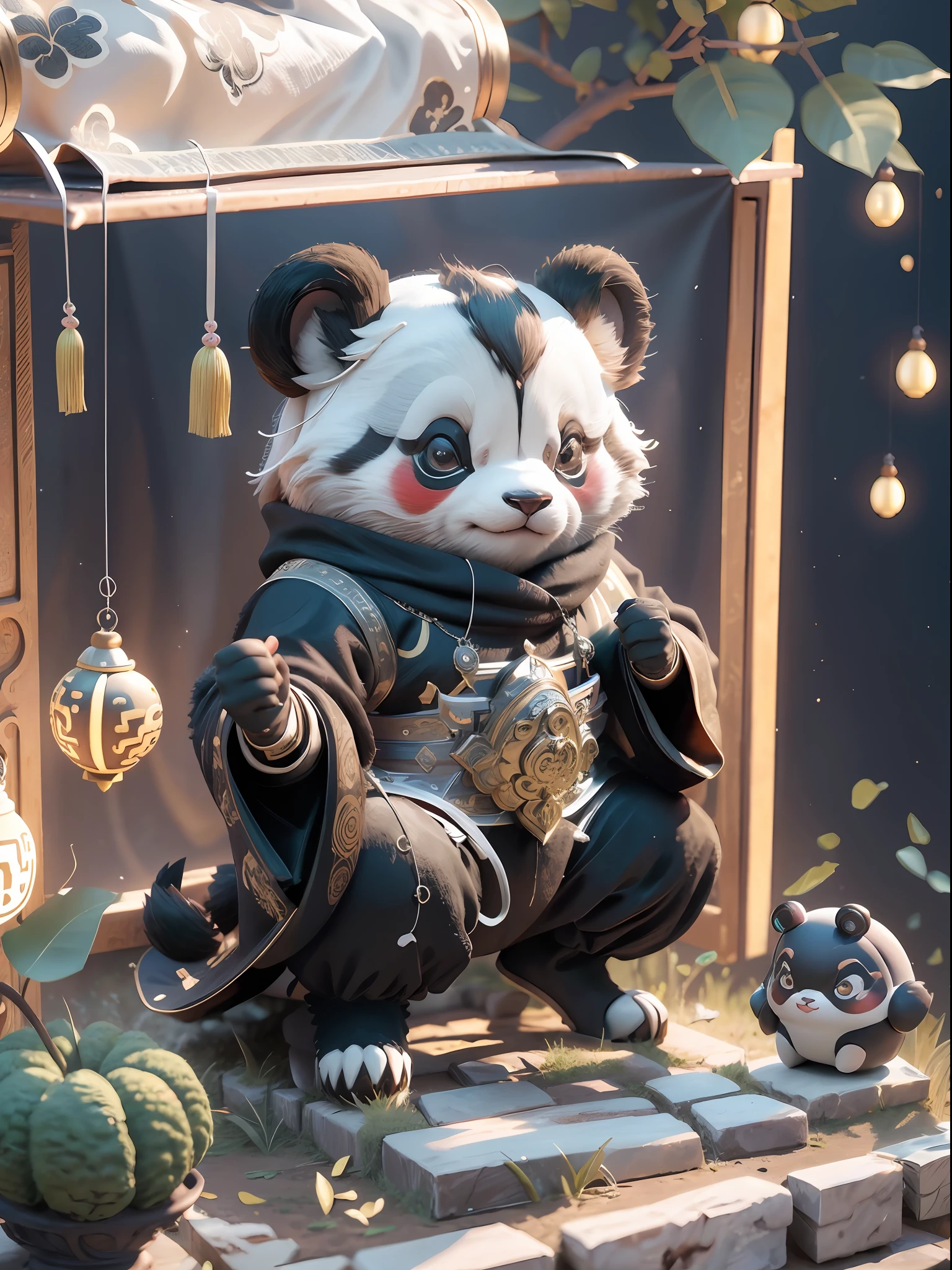 ull body, chibi, obverse, fashion toy, bubble hall style, ancient chinese mythical panda, black and white color scheme, kung fu panda, chivalrous panda with竹子, dark green竹子，trendy, cool, model, blind box toy, ip, pop bazaar, shiny材质，glossy,简单的premium color scheme, white clean background, 3d, octane, best quality,c4d,oc effect . pinterest, super detail