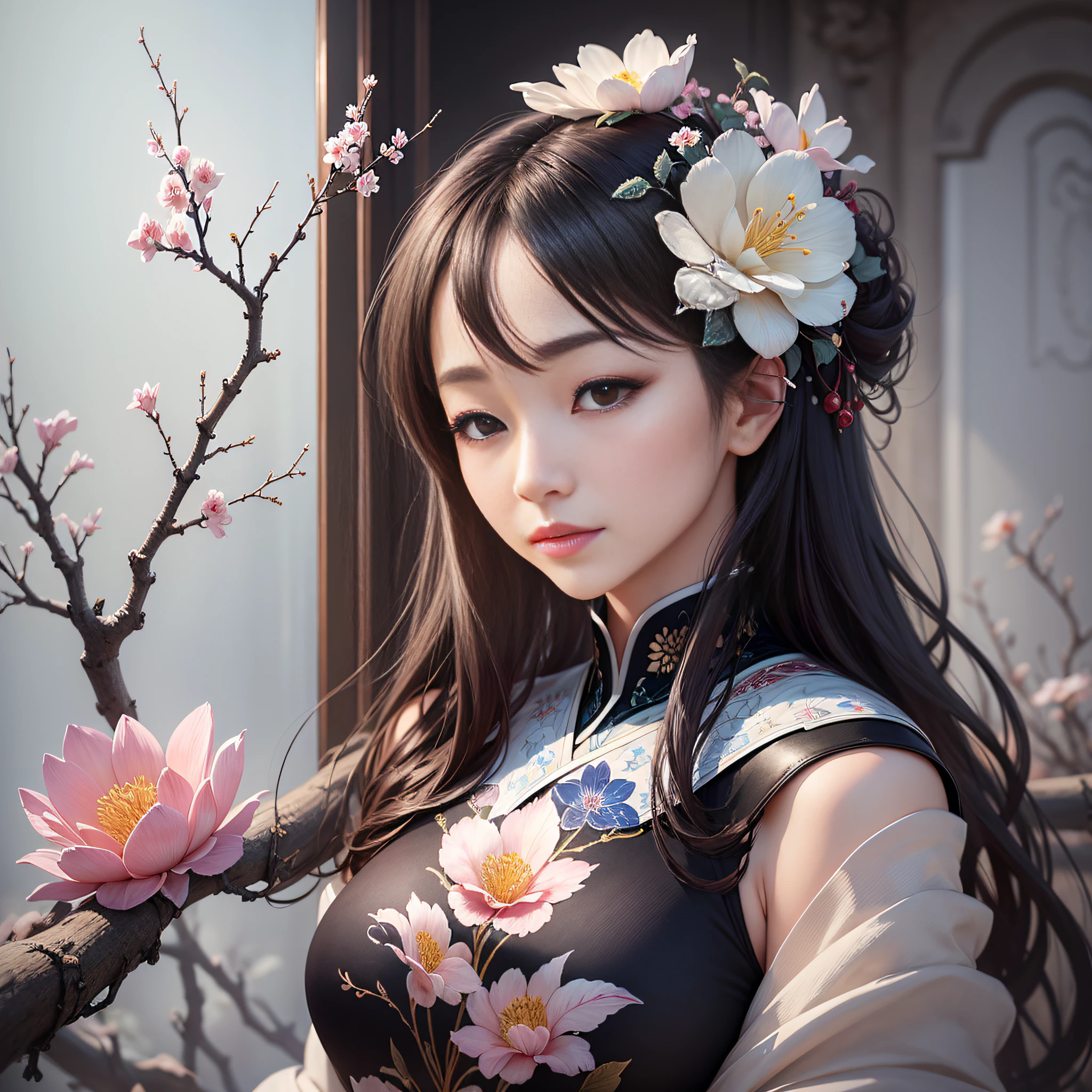 “Flowers blossom amidst the cold of winter, with an elegant and graceful presence. Gathering the brilliance of AI intelligence, merging with the beauty of China, embraced by heaven and earth, radiating true elegance and charm!” --auto --s2