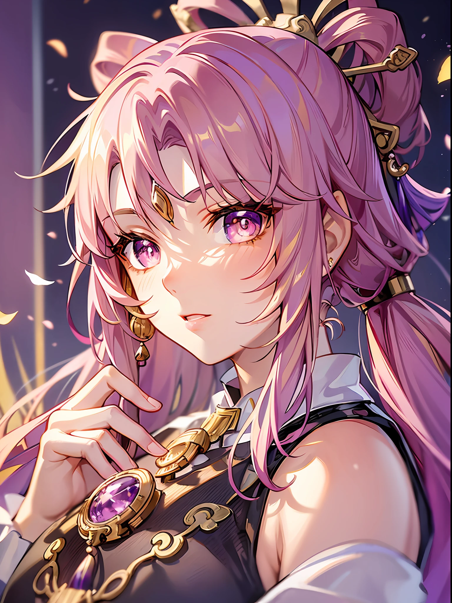 (Illustration style, exquisite masterpiece, best picture quality), a 14-year-old anime girl wearing a Chinese Tang Dynasty court costume, pink purple hair in a bun, fluttering hem, golden hair ornament, light blonde eyes and small, dynamic posture, picture in line with the golden ratio, large aperture portrait, white space, strong light and shadow contrast), bright tone, dignified elegance, dusk slanting sun, background bokeh, classical style, white and pink as the main tone, Sony master lens, large area of white space