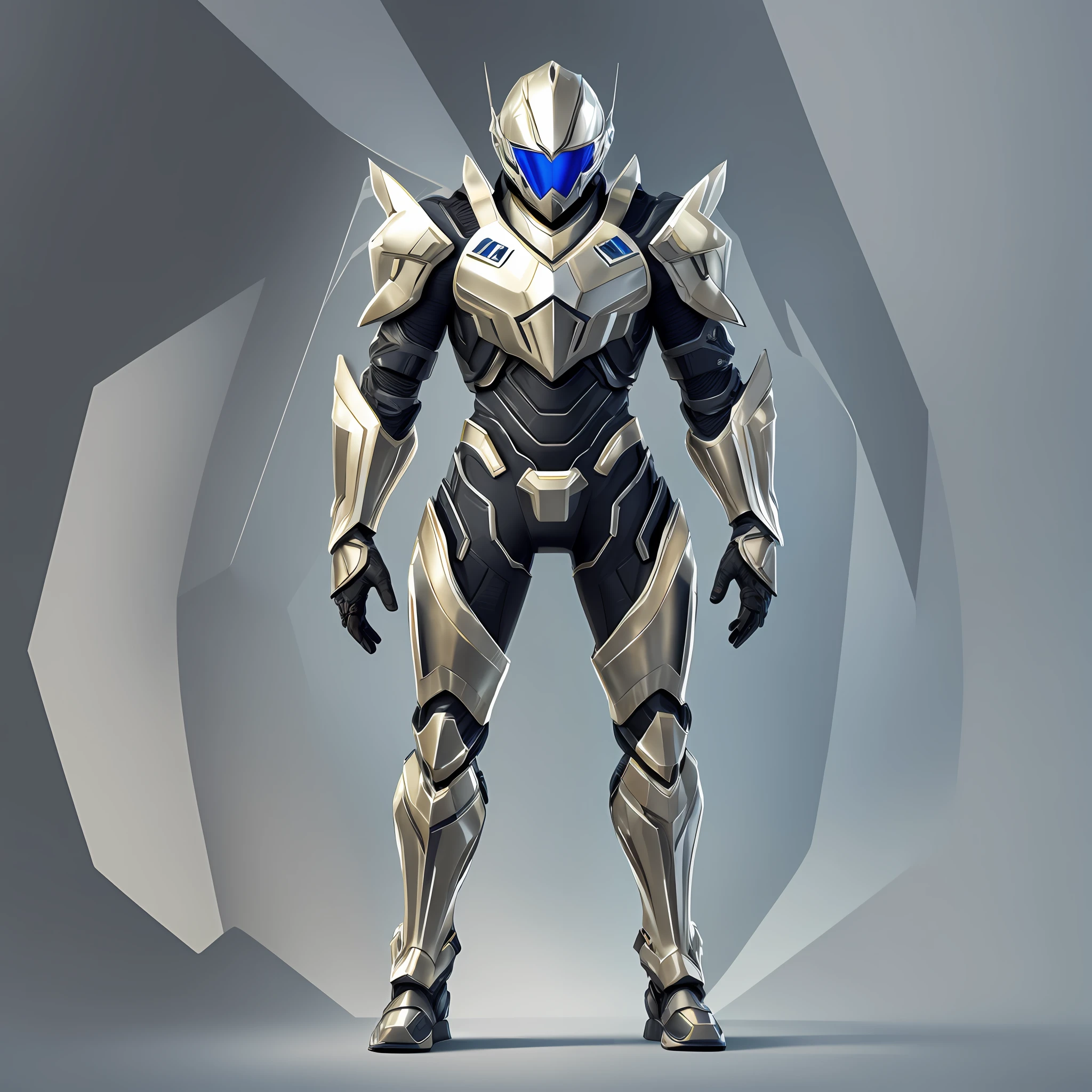 Full body man character with futuristic exoskeleton armor with angular lines.
Details in metallic colors on the armor.
Helmet with integrated visor and respiratory system.
