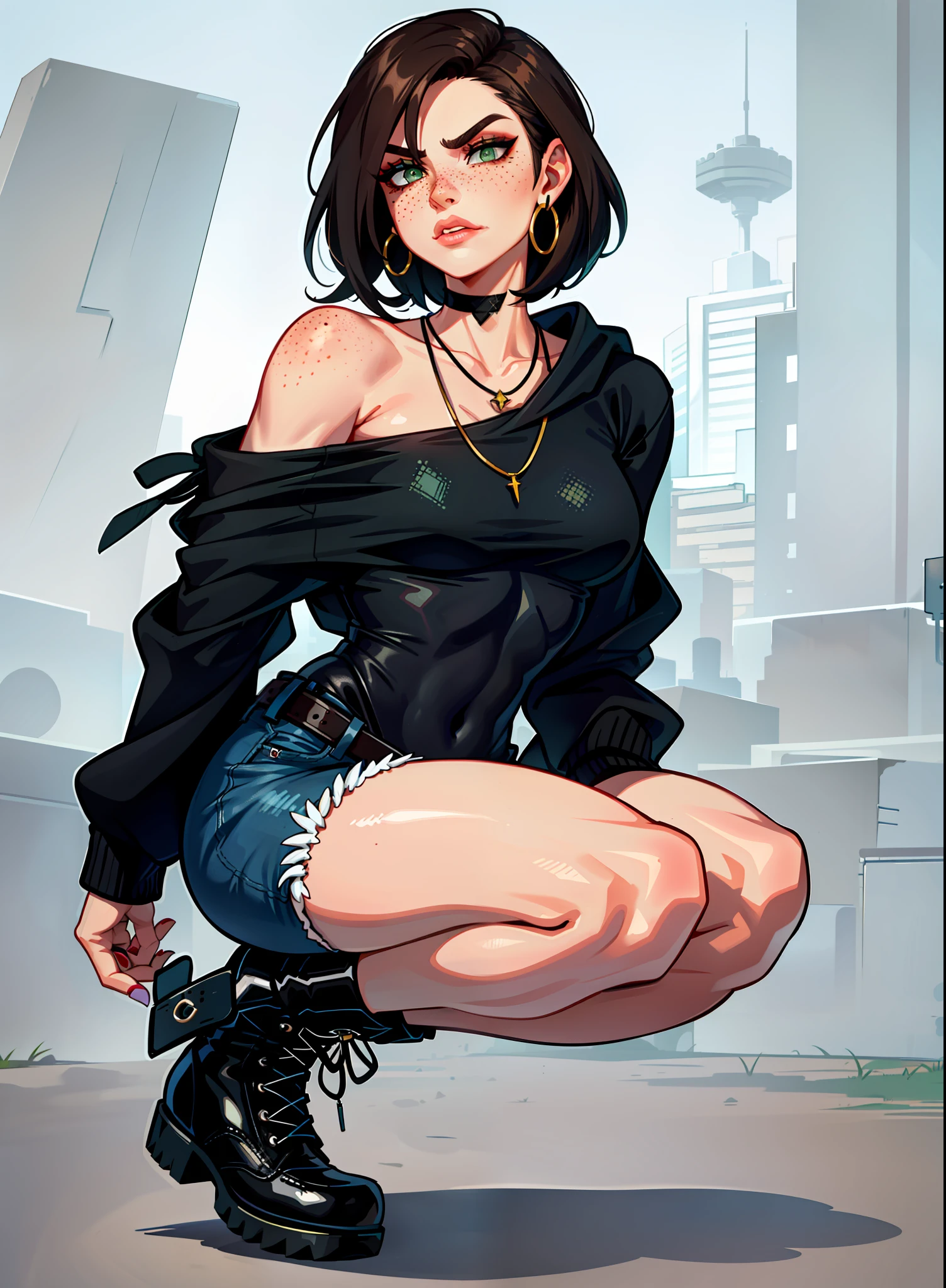 1girl, 1 person, solo female, short, dark brown hair, chin length hair. Her face is angular with high cheekbones, a straight nose, and full lips. She has green eyes that are often smudged with black eyeliner, giving her a slightly edgy look. Her skin pale and dotted with a few freckles across her nose and cheeks. tall and lean with a toned, athletic build from years of playing sports. broad shoulders and a narrow waist, giving her an androgynous look. Casual clothing like baggy shirt, hoodies, and ripped short jeans. combat boots and accessorizes with simple jewelry like leather bracelets or silver hoop earrings. Despite her tomboyish style, she still likes to show off her femininity with small touches like painted nails or a delicate necklace.