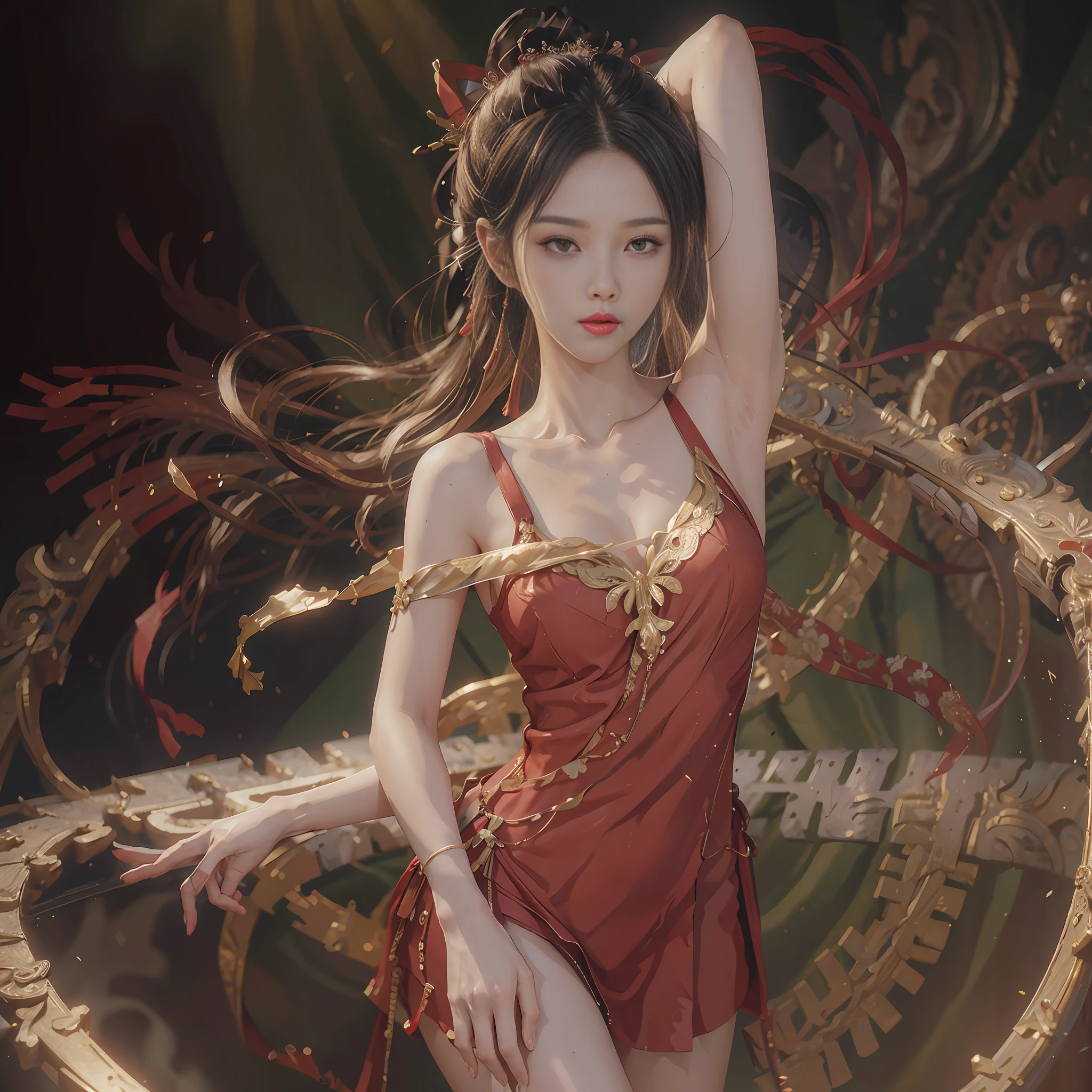 Ace, 4k, High Resolution, Masterpiece, Best Quality, Head: 1.3, (Korean K-pop Idol), Fine Skin, Sharp Focus, (Cinema Lighting), Clavicle, Morning, Soft Light, Dynamic Angle, [: (detailed face:1.2):0.2], armpit wrinkles, thigh gap, red dress, slim, mid-chest, cleavage, full body, --auto --s2
