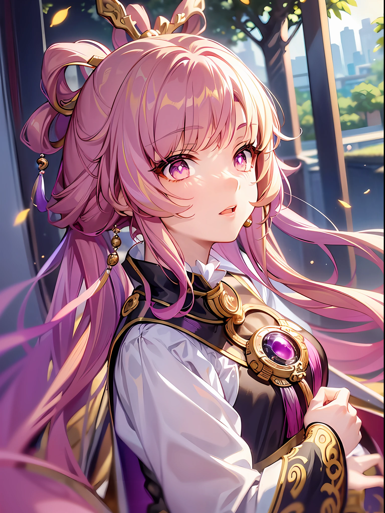 (Illustration style, exquisite masterpiece, best picture quality), a 14-year-old anime girl wearing a Chinese Tang Dynasty court costume, pink purple hair in a bun, fluttering hem, golden hair ornament, light blonde eyes and small, dynamic posture, picture in line with the golden ratio, large aperture portrait, white space, strong light and shadow contrast), bright tone, dignified elegance, dusk slanting sun, background bokeh, classical style, white and pink as the main tone, Sony master lens, large area of white space