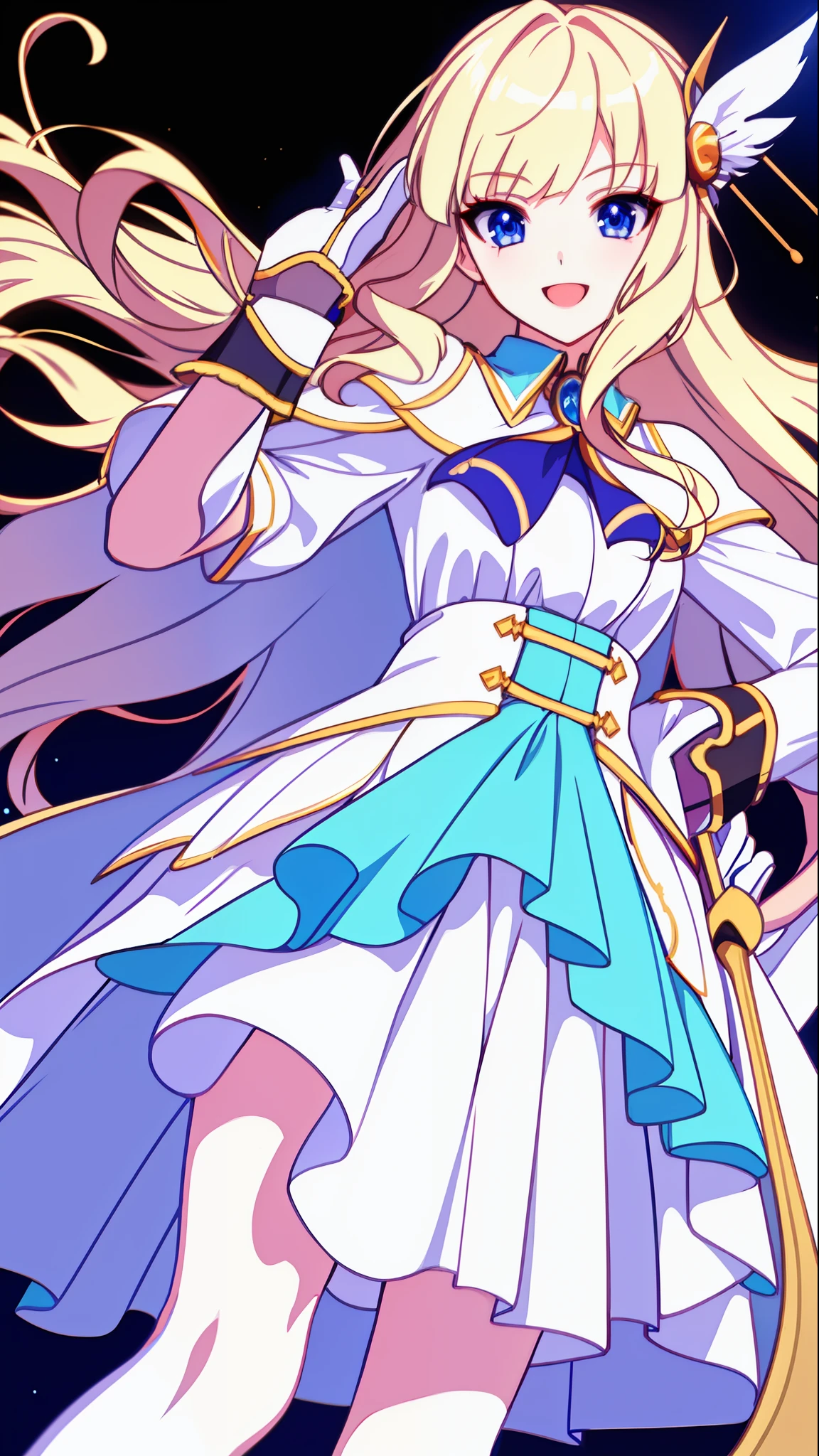 18 years old beautiful girl, masterpiece, top quality, 8K anime, 1 girl, detailed fingers, precise fingers, not unnatural hands, illustration, golden long hair, feather hair ornament, white cloak, white mini skirt with ruffles, white knee socks, white gloves, SAREN,