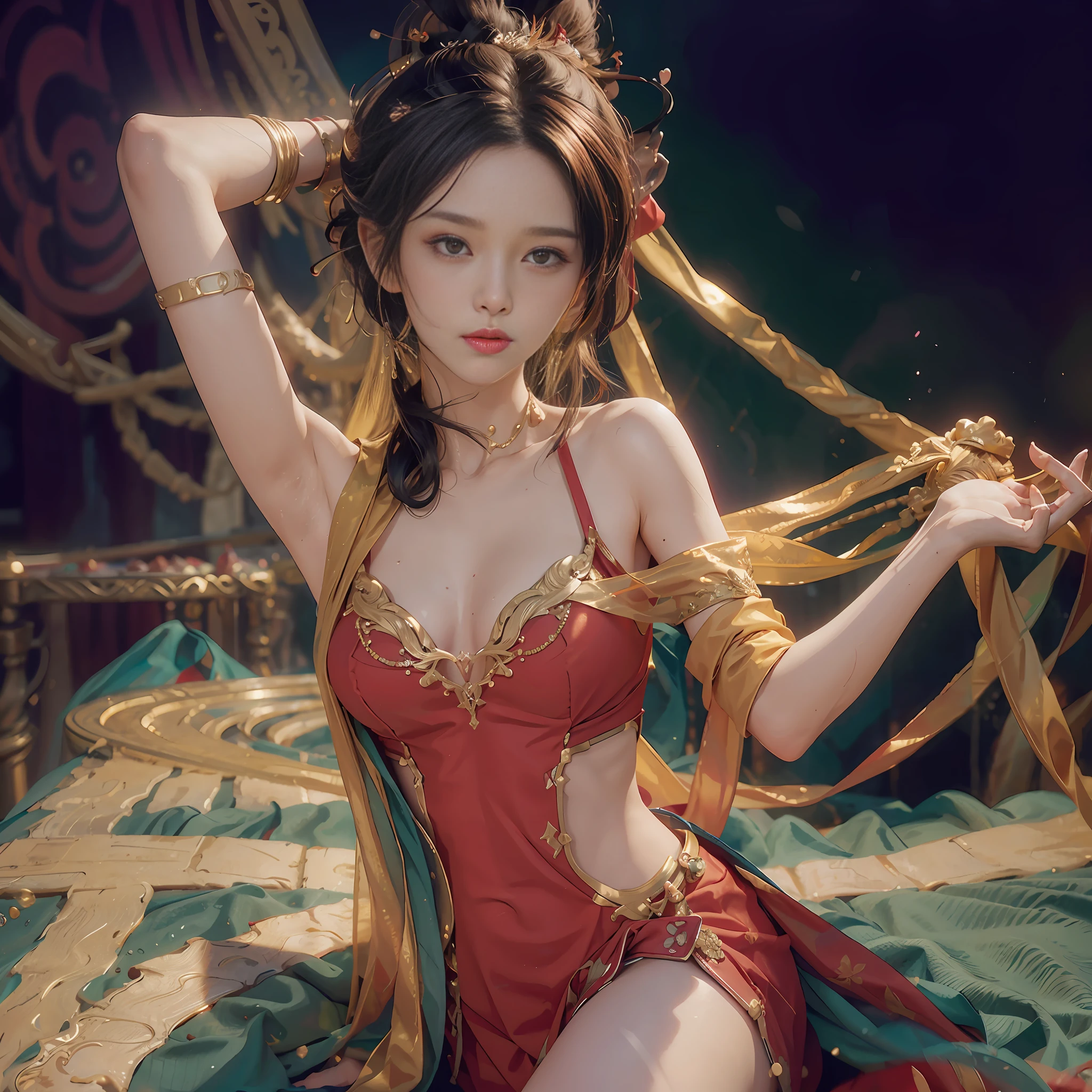 Ace, 4k, High Resolution, Masterpiece, Best Quality, Head: 1.3, (Korean K-pop Idol), Fine Skin, Sharp Focus, (Cinema Lighting), Clavicle, Morning, Soft Light, Dynamic Angle, [: (detailed face:1.2):0.2], armpit wrinkles, thigh gap, red dress, slim, mid-chest, cleavage, full body, --auto --s2