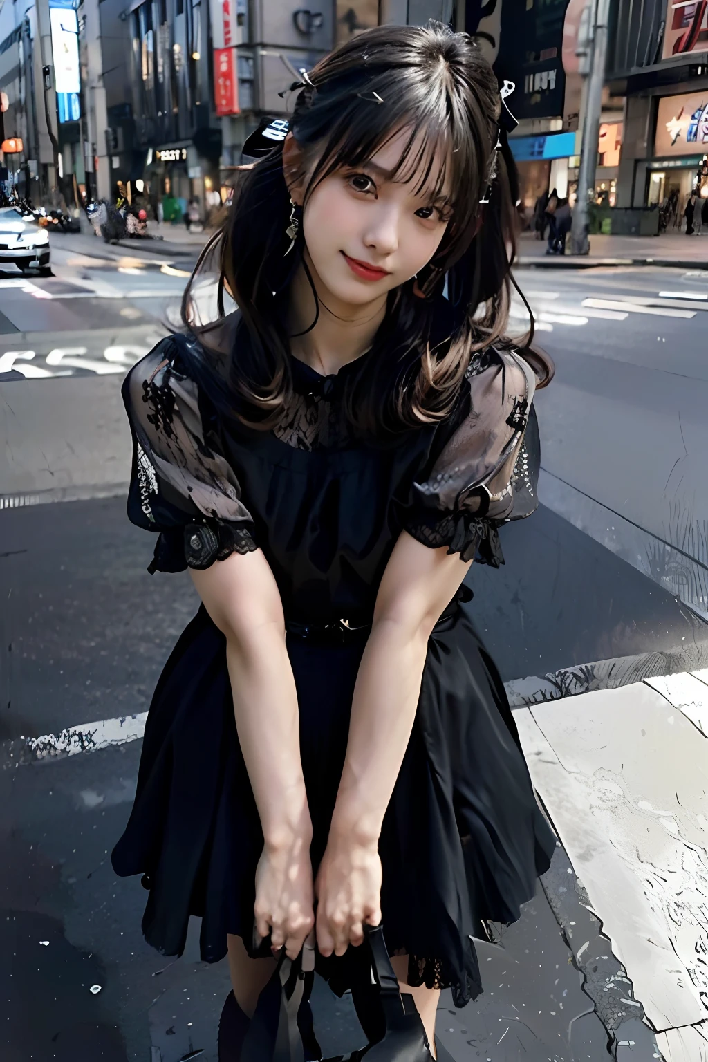best quality, masterpiece, ultra high res, 8K, raw, (photo realistic:1.4), sharp focus, 1 girl, (detailed background:1.5), (tokyo street:1.3), full body, medium built, leaning forward, cute,18yo, laugh, big black eyes, tiny breasts, black hair, detailed clothes