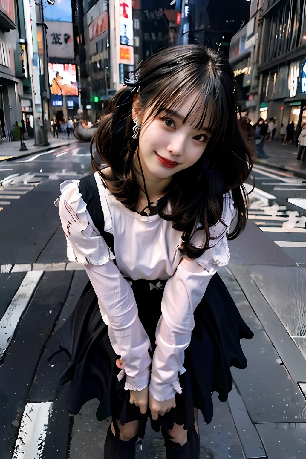 best quality, masterpiece, ultra high res, 8K, raw, (photo realistic:1.4), sharp focus, 1 girl, (detailed background:1.5), (tokyo street:1.3), full body, medium built, leaning forward, cute,18yo, laugh, big black eyes, tiny breasts, black hair, detailed clothes